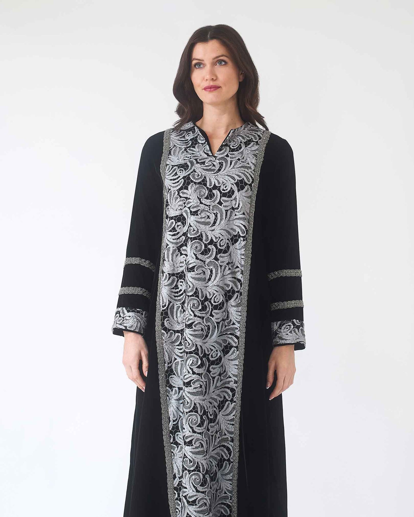 NOBLESSE - Silk Velvet Kaftan with Lace Front and Beaded Trim