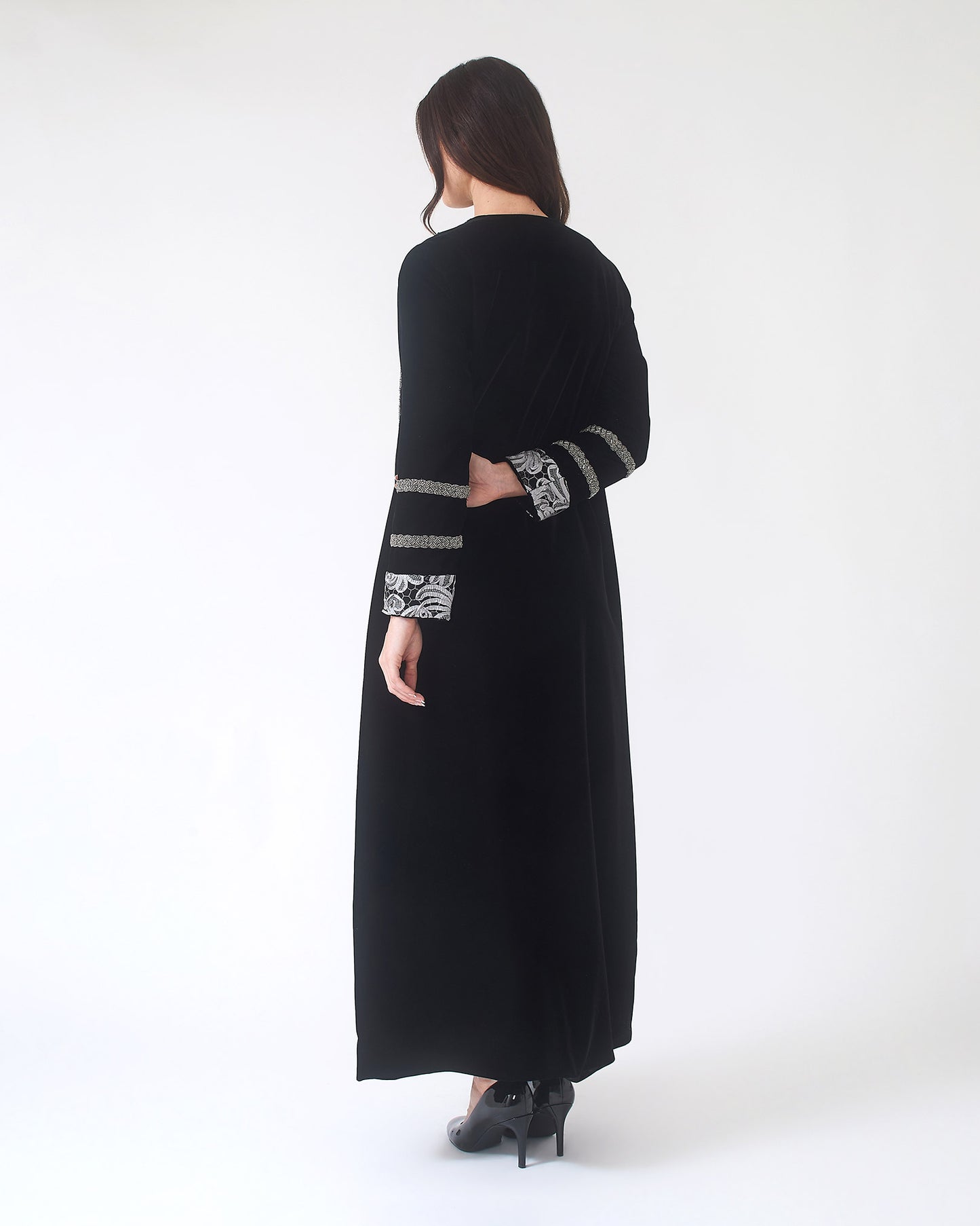 NOBLESSE - Silk Velvet Kaftan with Lace Front and Beaded Trim