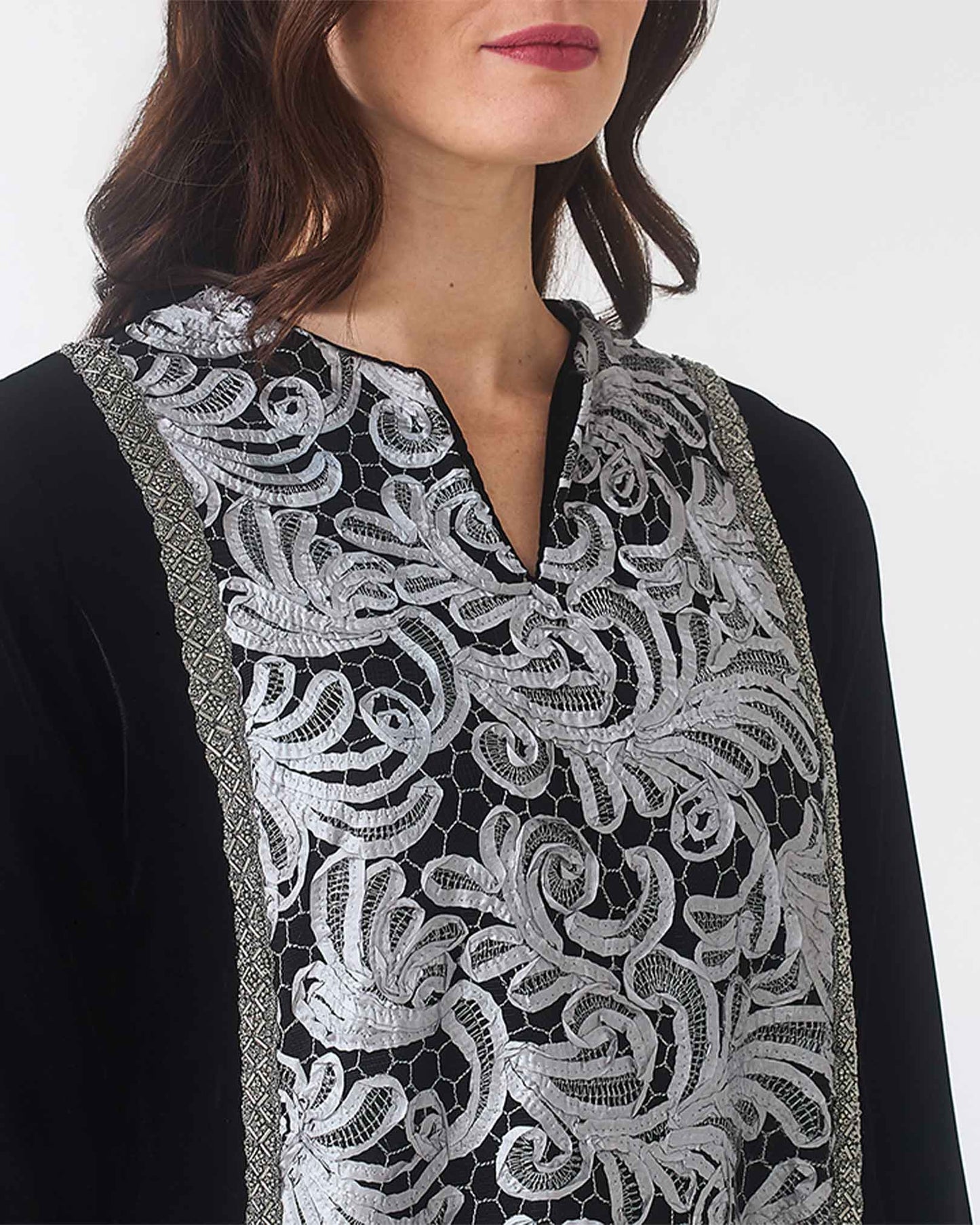 NOBLESSE - Silk Velvet Kaftan with Lace Front and Beaded Trim