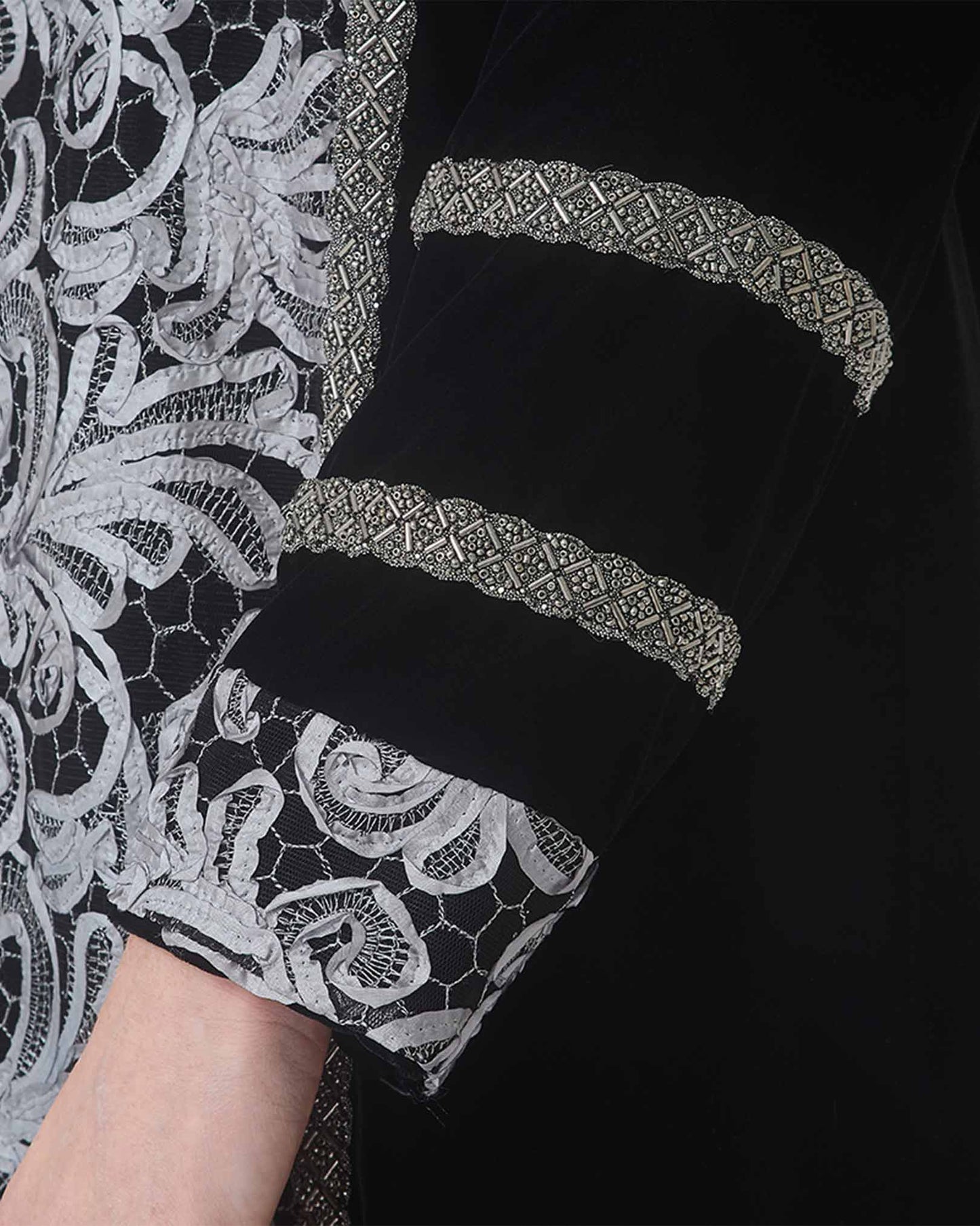 NOBLESSE - Silk Velvet Kaftan with Lace Front and Beaded Trim