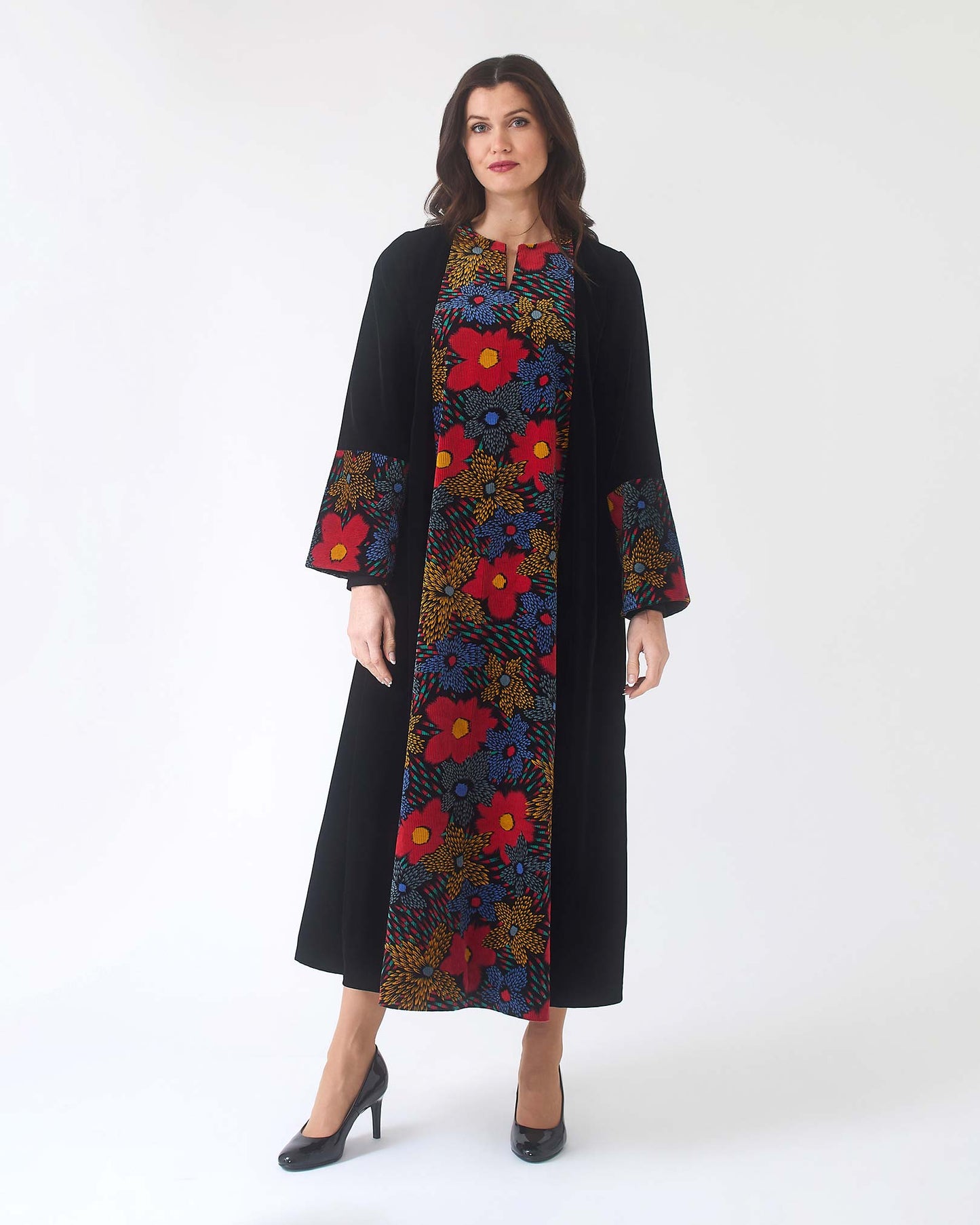 NOBLESSE - Silk Velvet A-Line Kaftan with Floral Embroidery