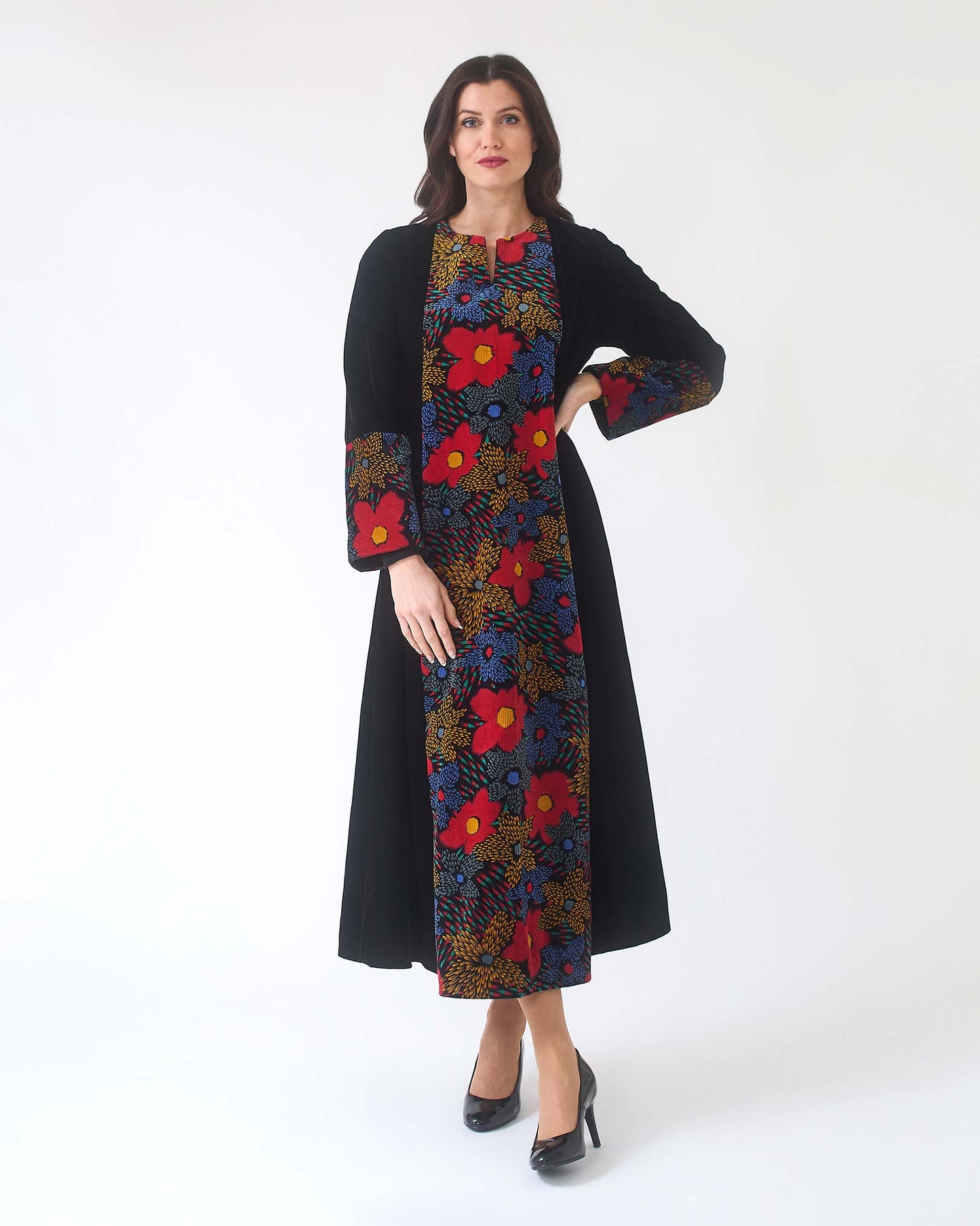 NOBLESSE - Silk Velvet A-Line Kaftan with Floral Embroidery