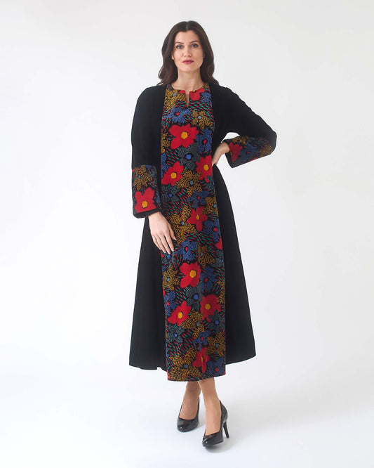 NOBLESSE - Silk Velvet A-Line Kaftan with Floral Embroidery
