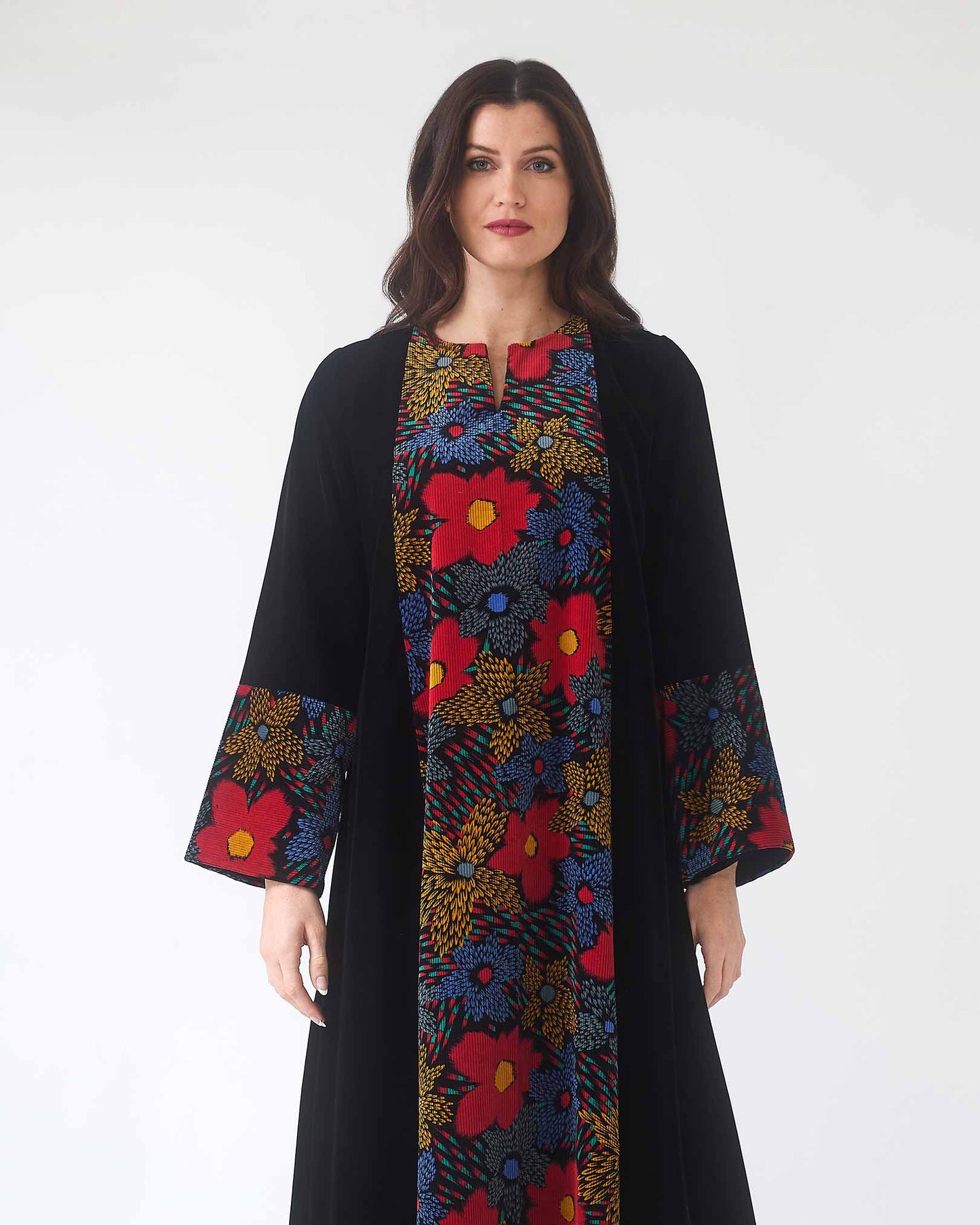 NOBLESSE - Silk Velvet A-Line Kaftan with Floral Embroidery