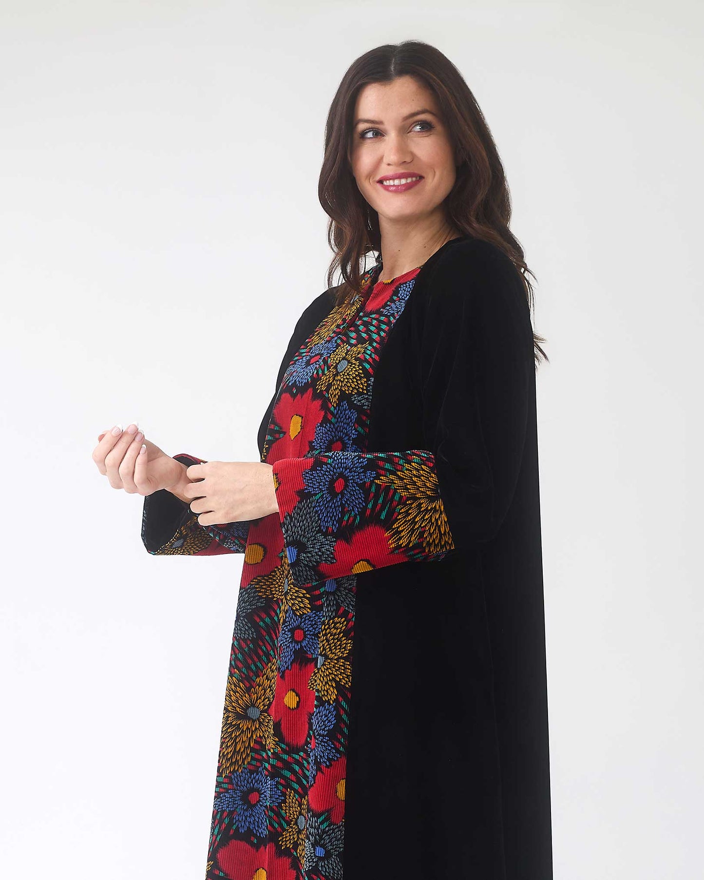 NOBLESSE - Silk Velvet A-Line Kaftan with Floral Embroidery