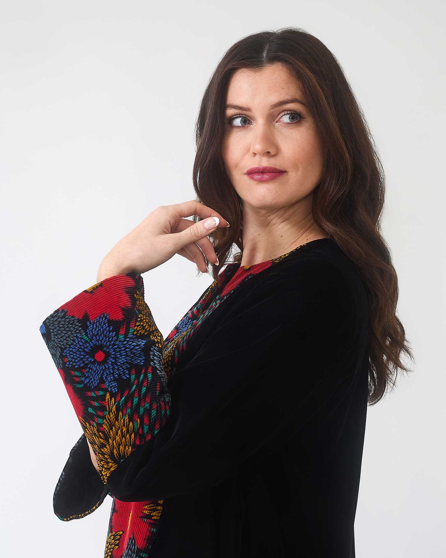 NOBLESSE - Silk Velvet A-Line Kaftan with Floral Embroidery