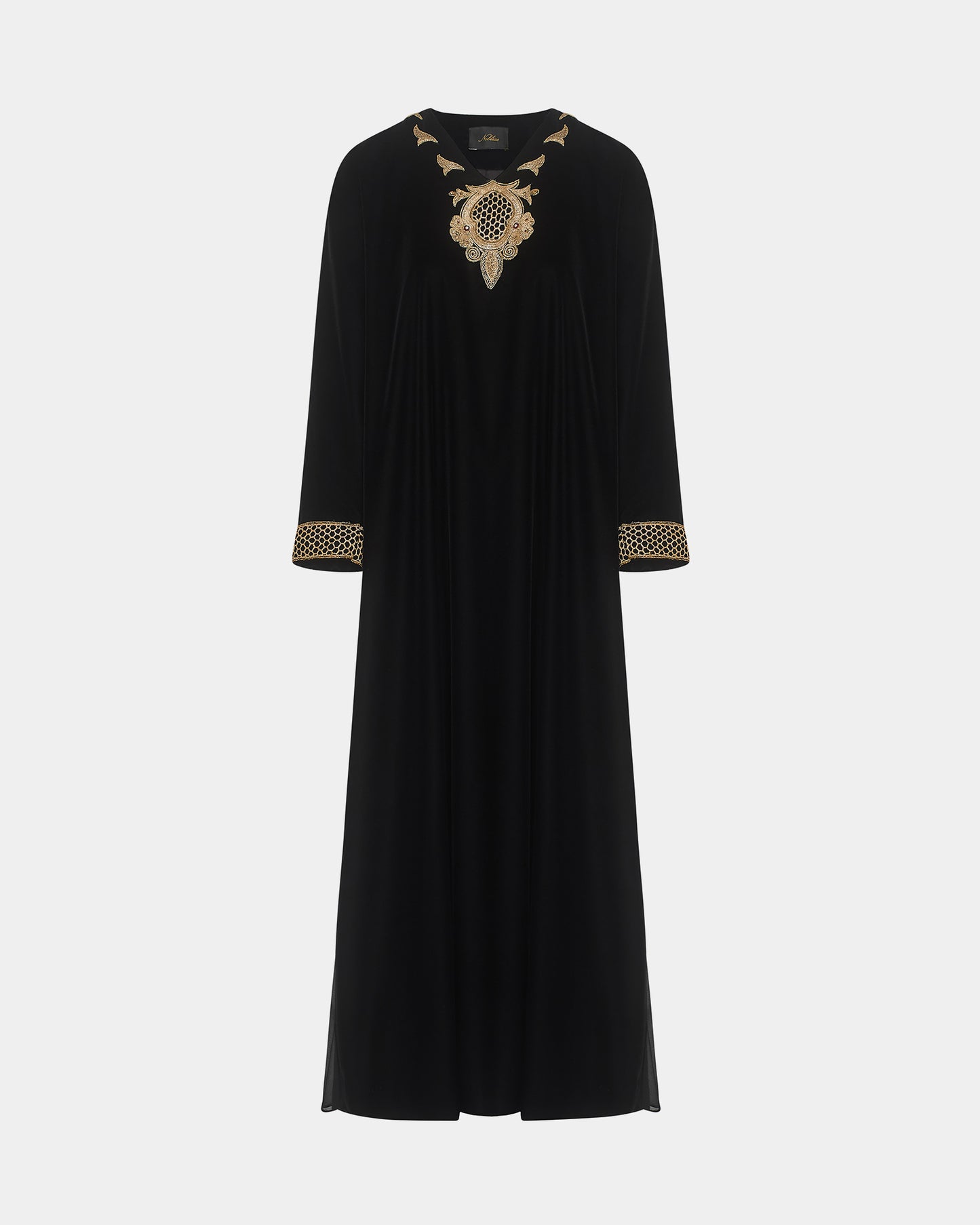 NOBLESSE - Black Silk Velvet Kaftan with Gold Embroidered Neckline and Cuffs