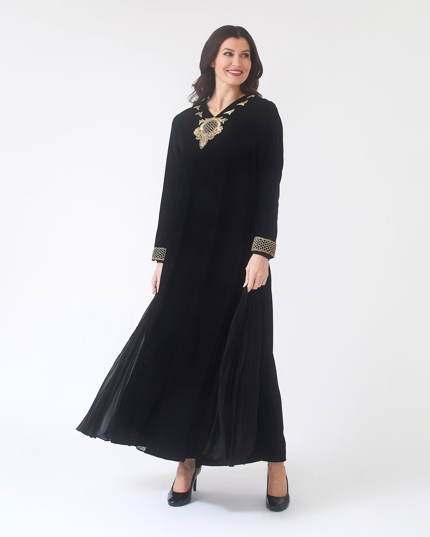 NOBLESSE - Black Silk Velvet Kaftan with Gold Embroidered Neckline and Cuffs