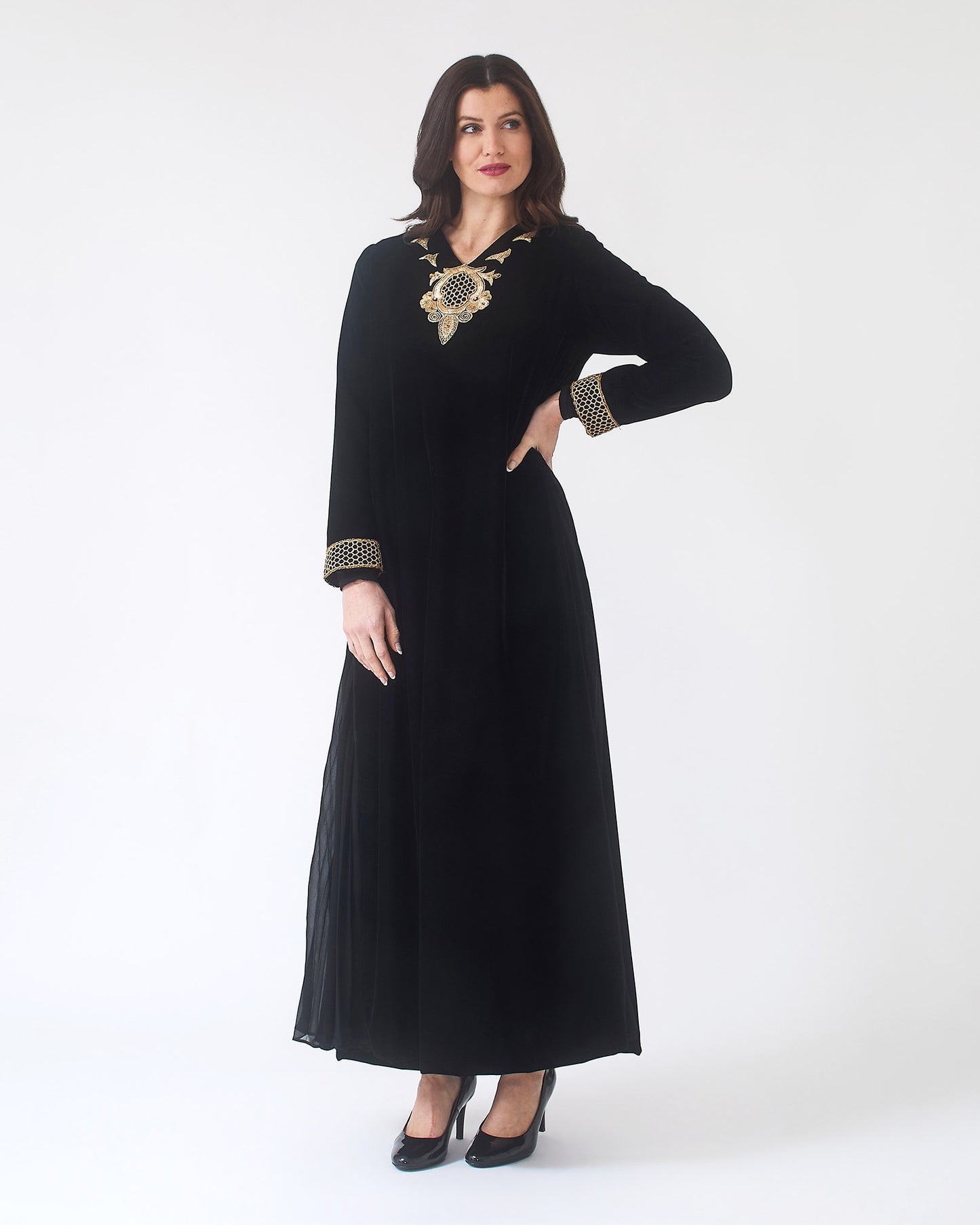 NOBLESSE - Black Silk Velvet Kaftan with Gold Embroidered Neckline and Cuffs