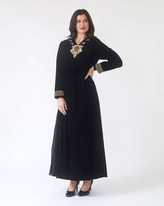 NOBLESSE - Black Silk Velvet Kaftan with Gold Embroidered Neckline and Cuffs