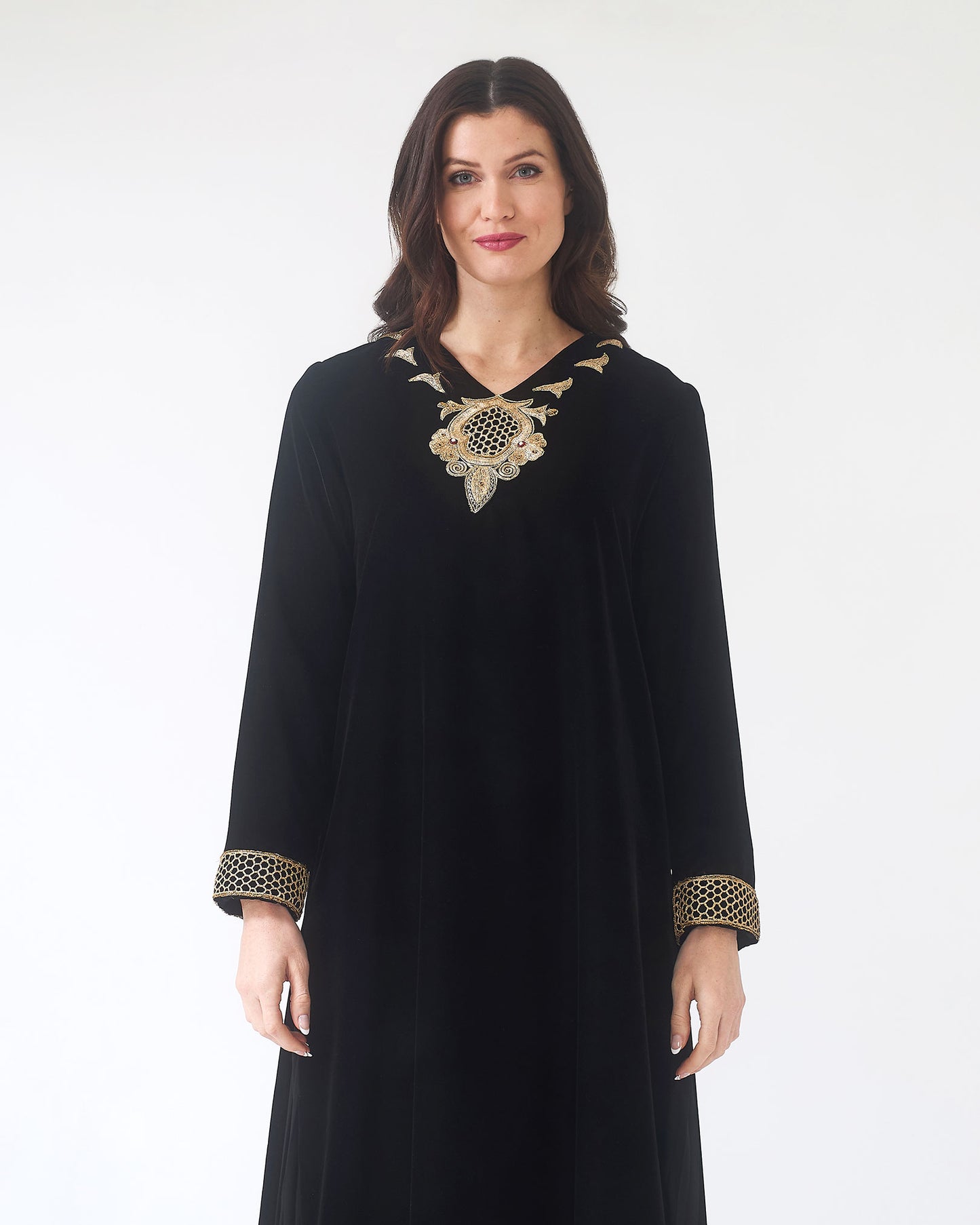 NOBLESSE - Black Silk Velvet Kaftan with Gold Embroidered Neckline and Cuffs