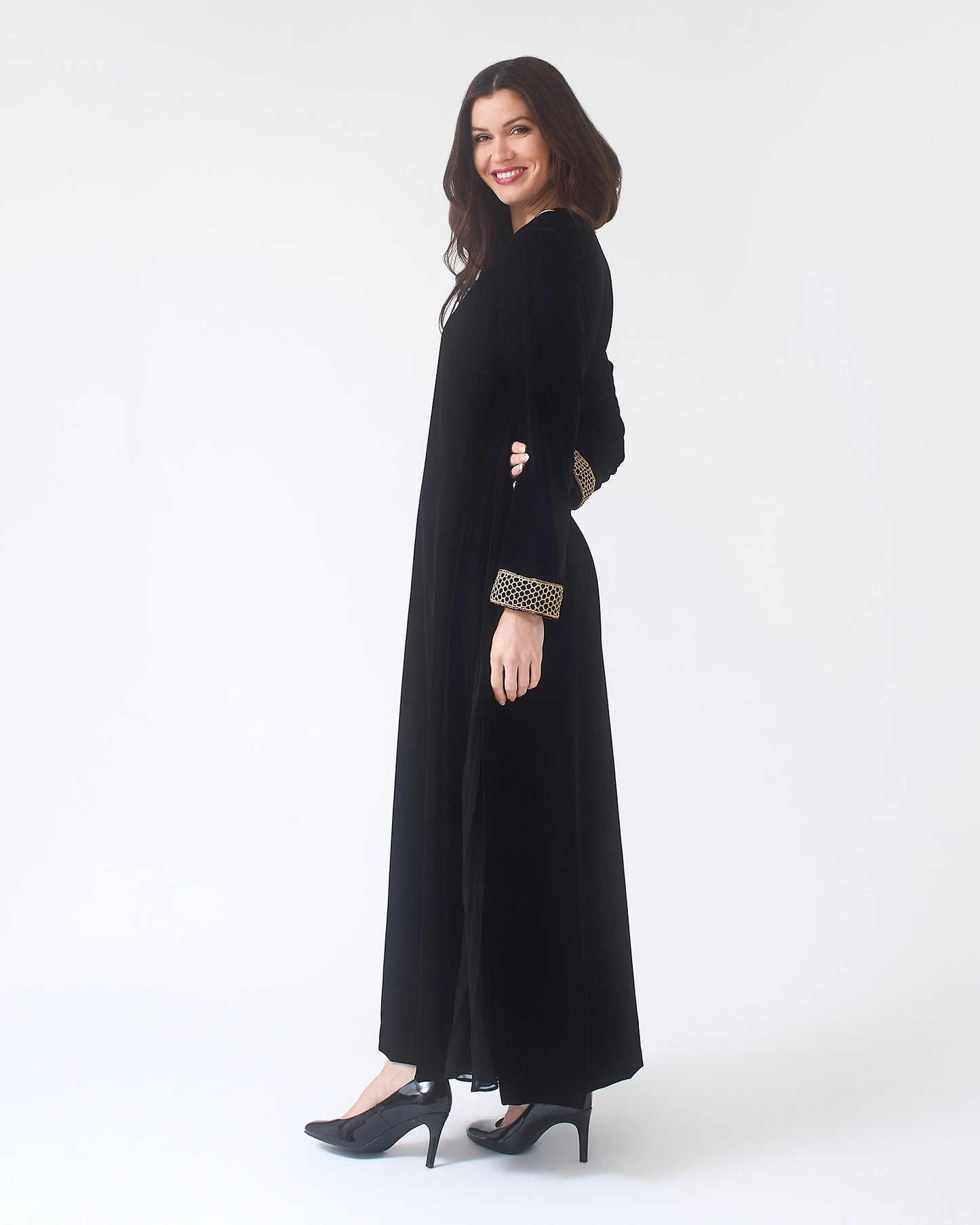NOBLESSE - Black Silk Velvet Kaftan with Gold Embroidered Neckline and Cuffs