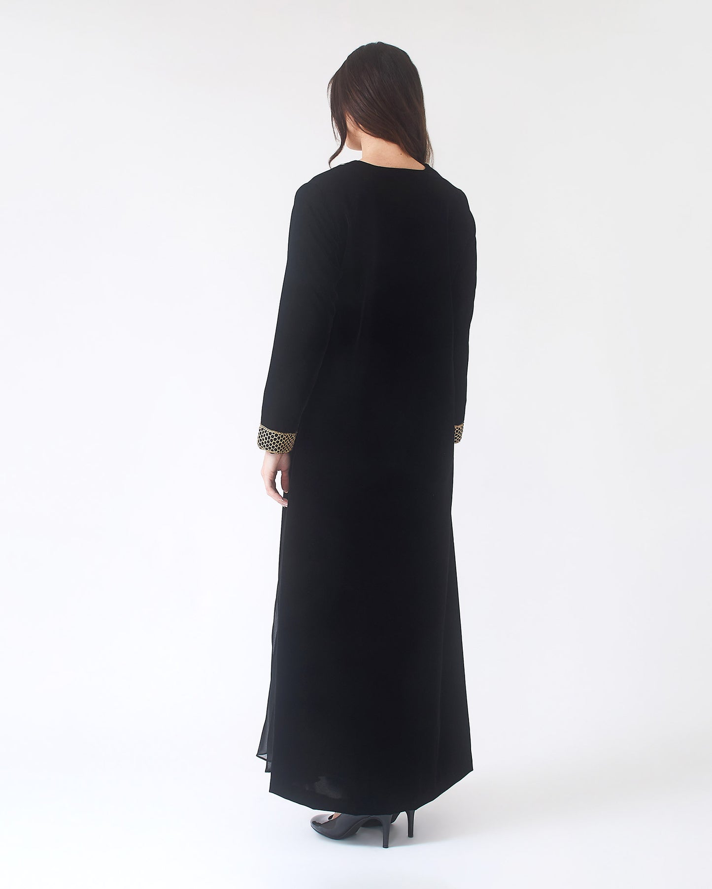 NOBLESSE - Black Silk Velvet Kaftan with Gold Embroidered Neckline and Cuffs