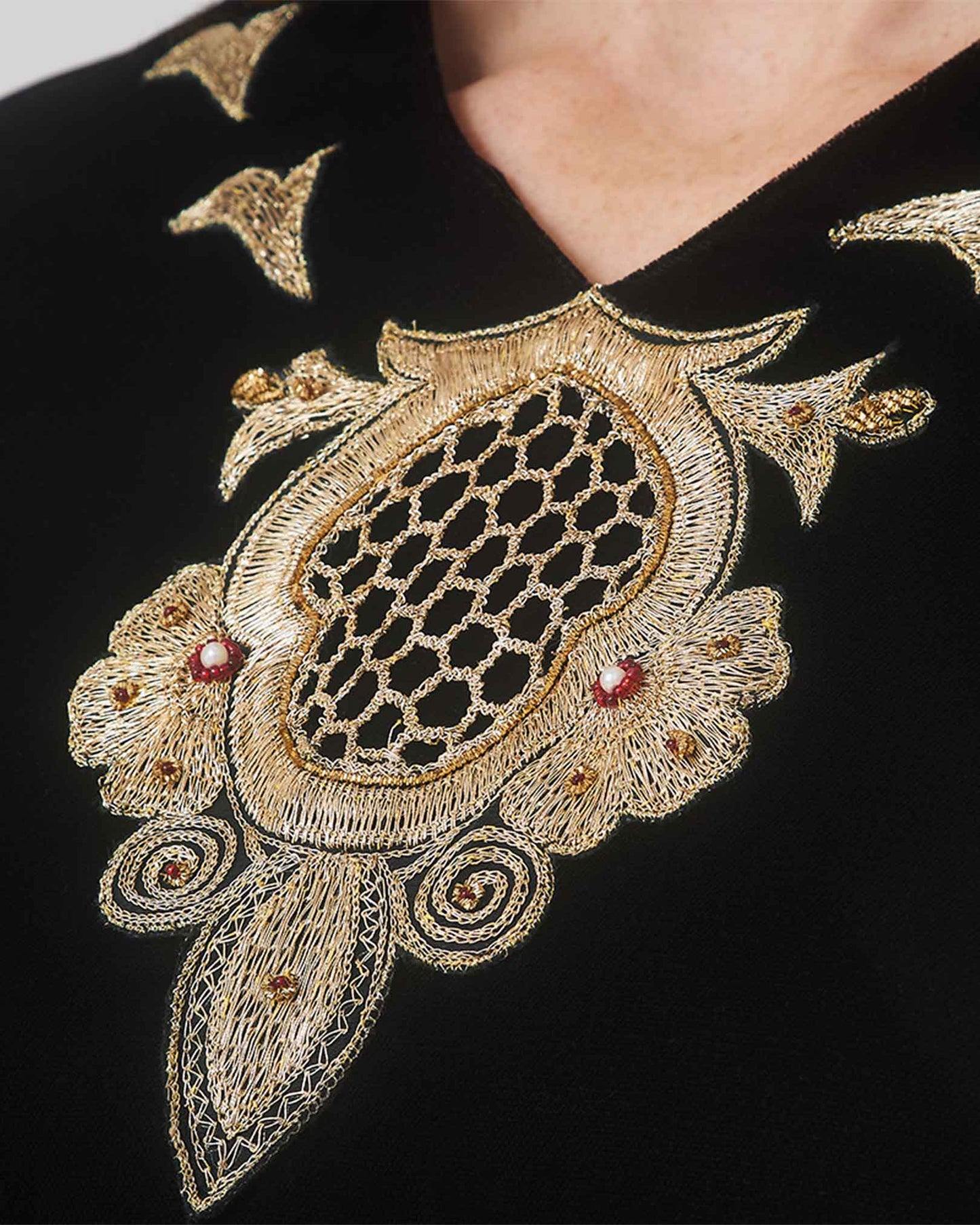 NOBLESSE - Black Silk Velvet Kaftan with Gold Embroidered Neckline and Cuffs