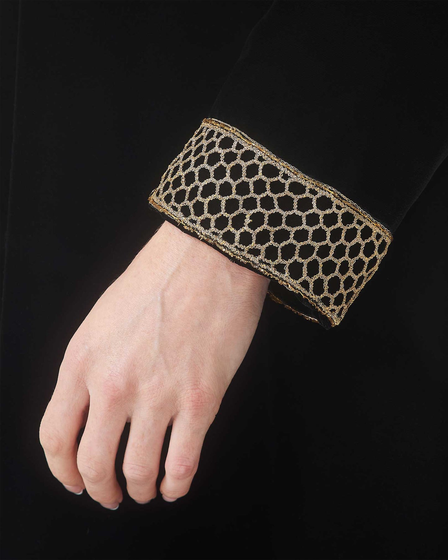 NOBLESSE - Black Silk Velvet Kaftan with Gold Embroidered Neckline and Cuffs