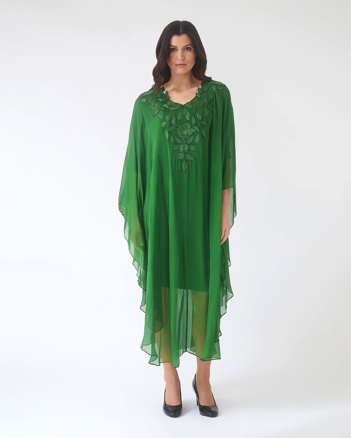 NOBLESSE - Green Silk Chiffon Batwing Kaftan