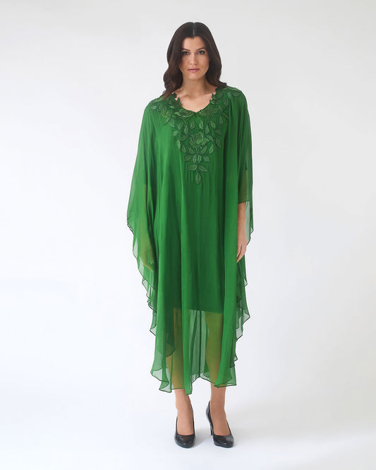 NOBLESSE - Green Silk Chiffon Batwing Kaftan