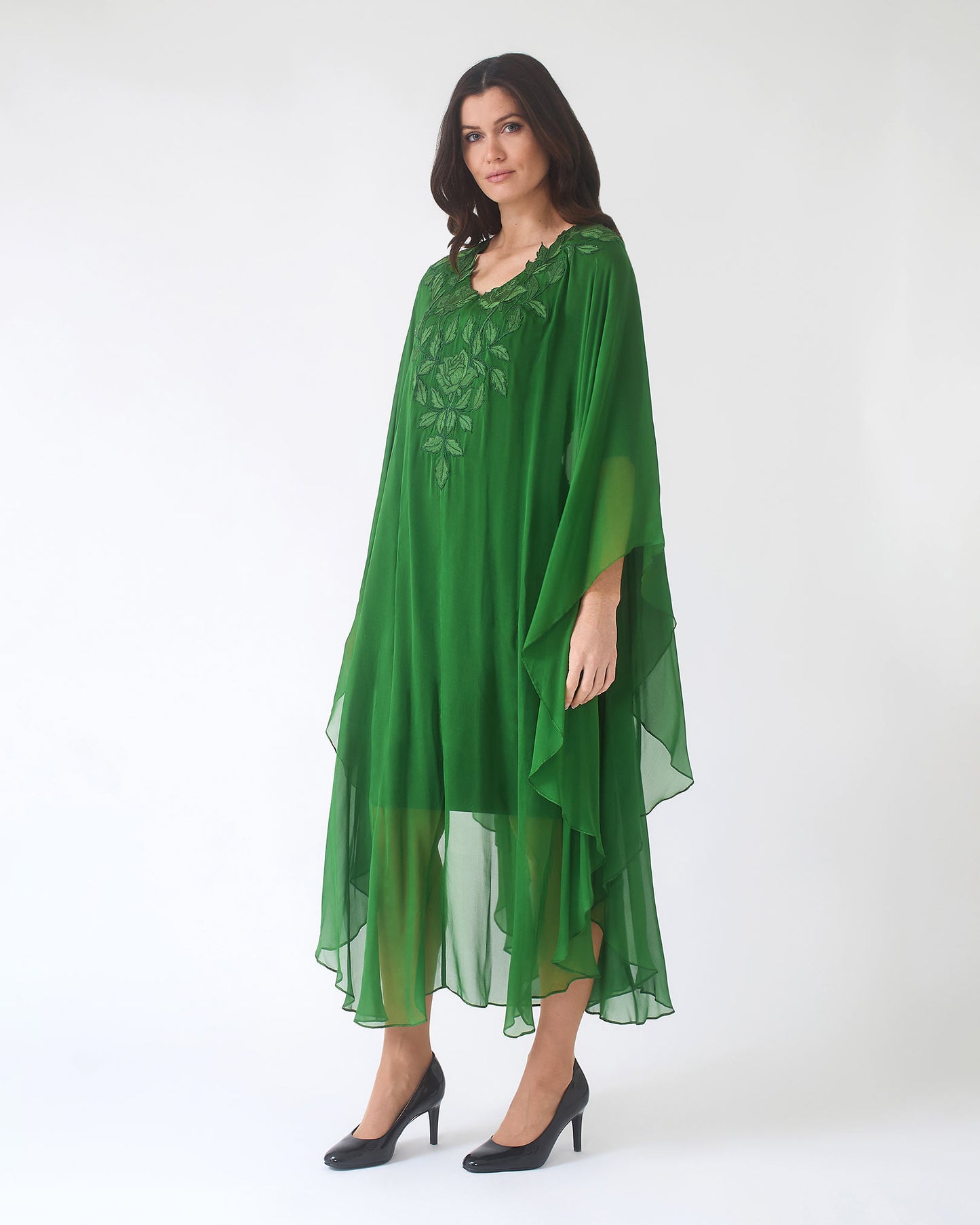 NOBLESSE - Green Silk Chiffon Batwing Kaftan