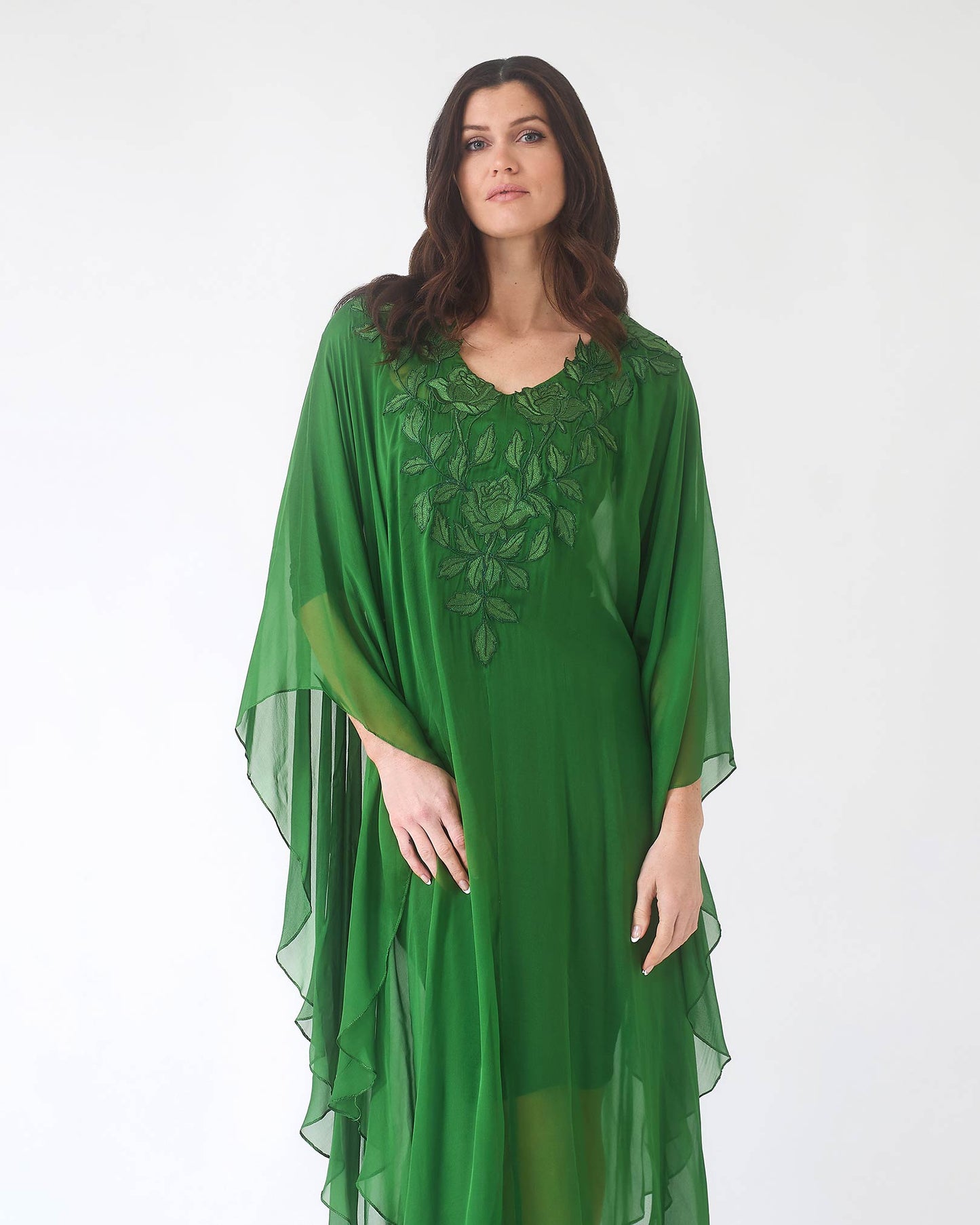 NOBLESSE - Green Silk Chiffon Batwing Kaftan