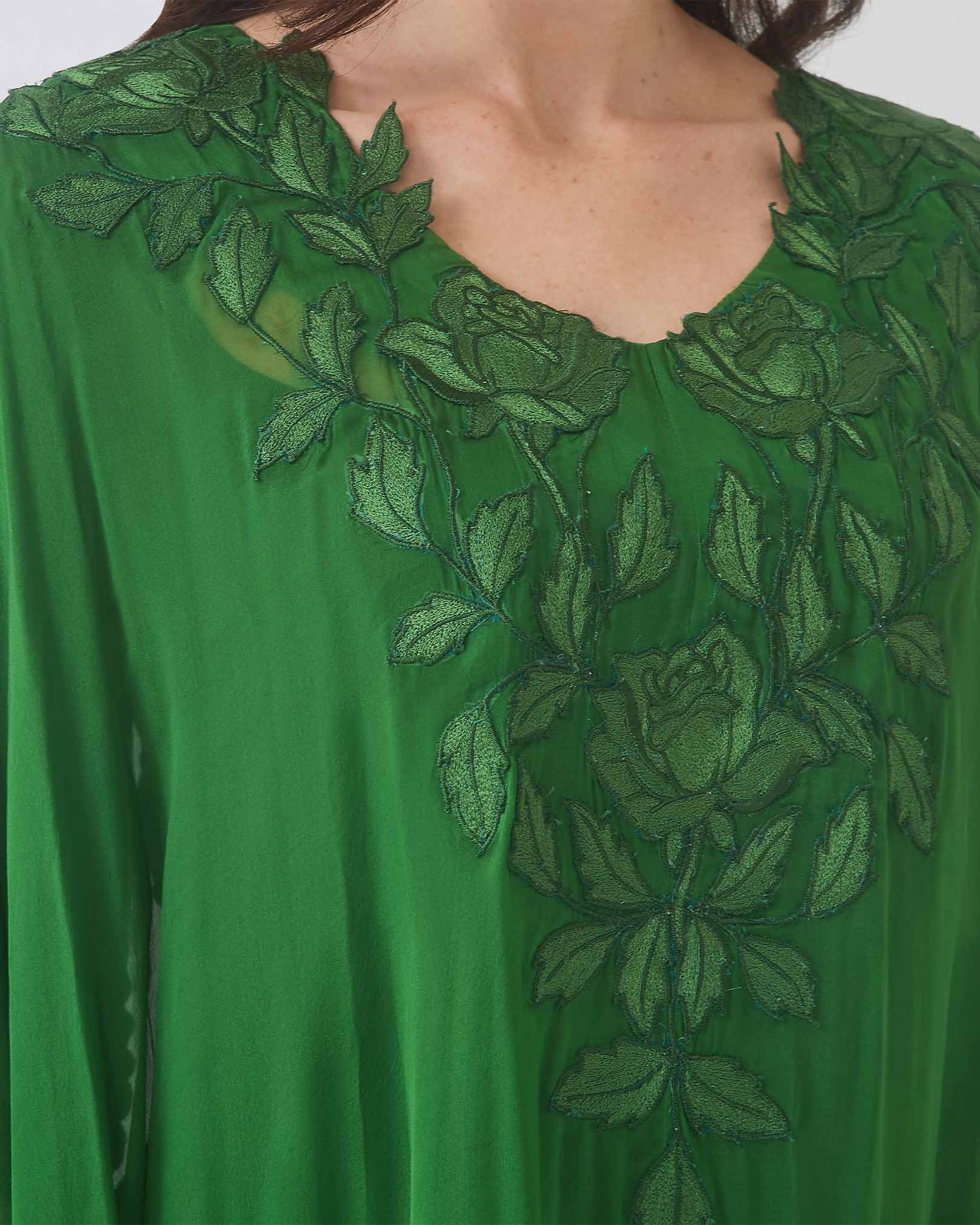 NOBLESSE - Green Silk Chiffon Batwing Kaftan