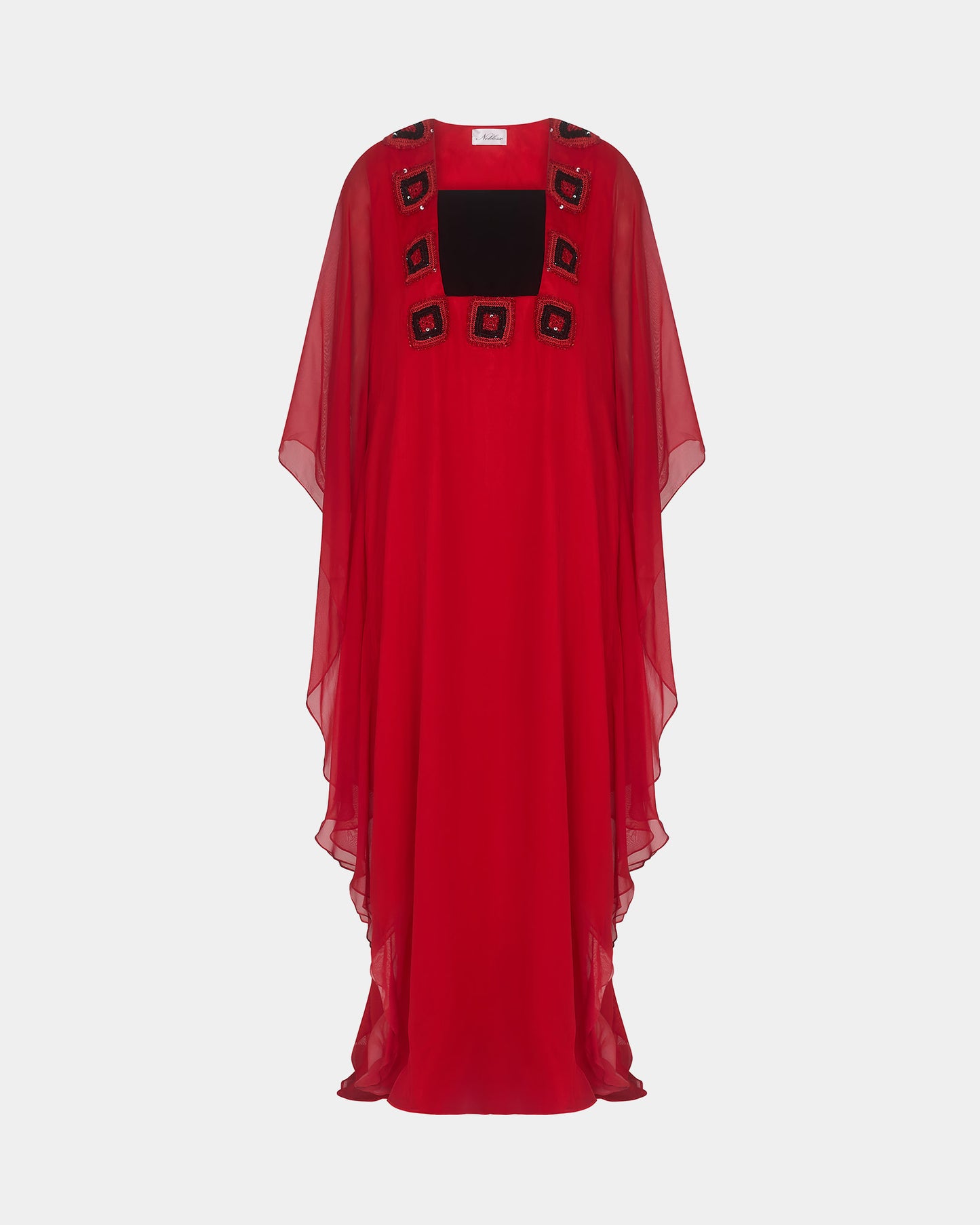 NOBLESSE - Silk Chiffon Batwing Kaftan with Handmade Crochet