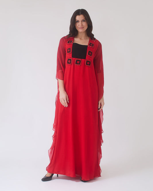 NOBLESSE - Silk Chiffon Batwing Kaftan with Handmade Crochet