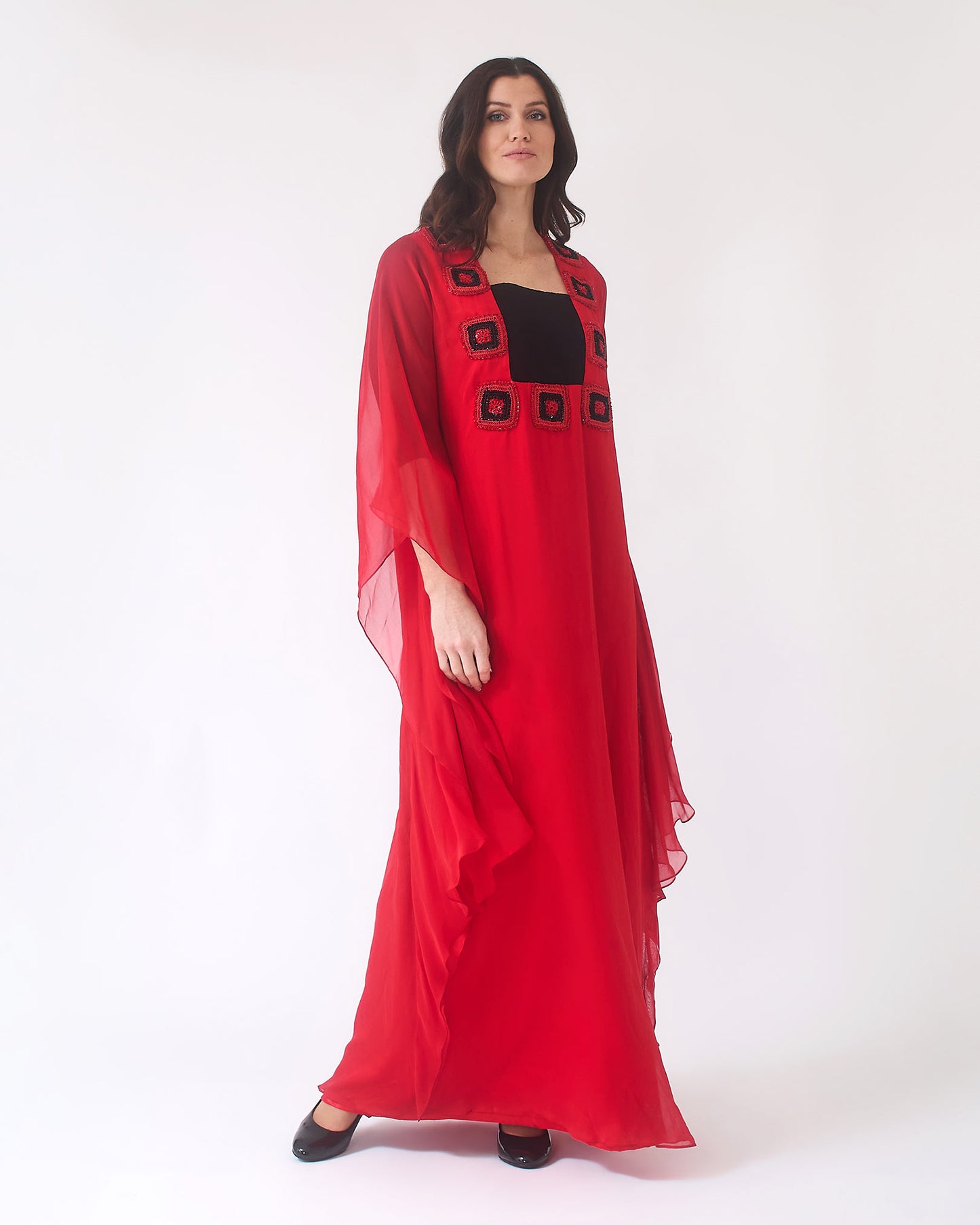 NOBLESSE - Silk Chiffon Batwing Kaftan with Handmade Crochet