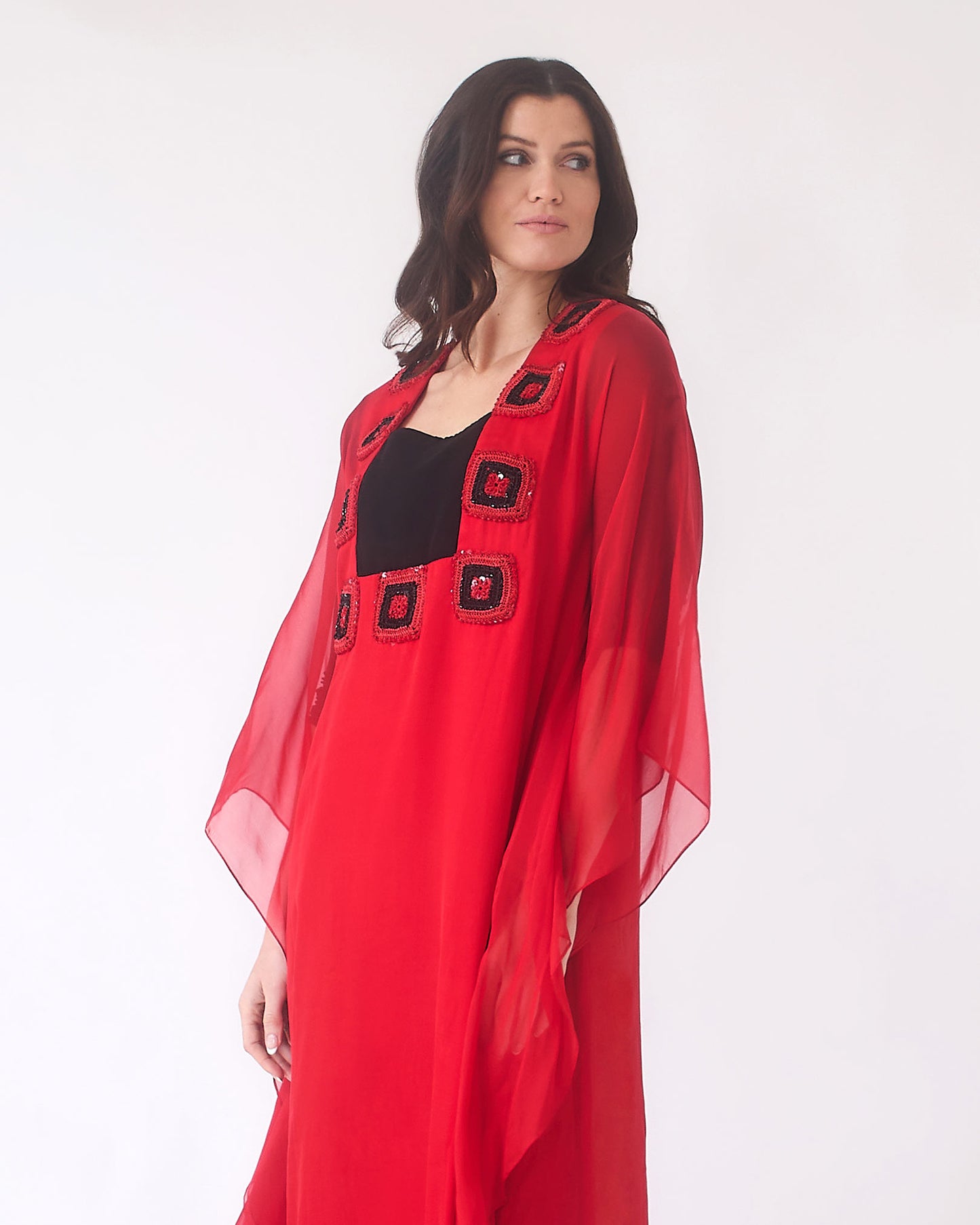 NOBLESSE - Silk Chiffon Batwing Kaftan with Handmade Crochet