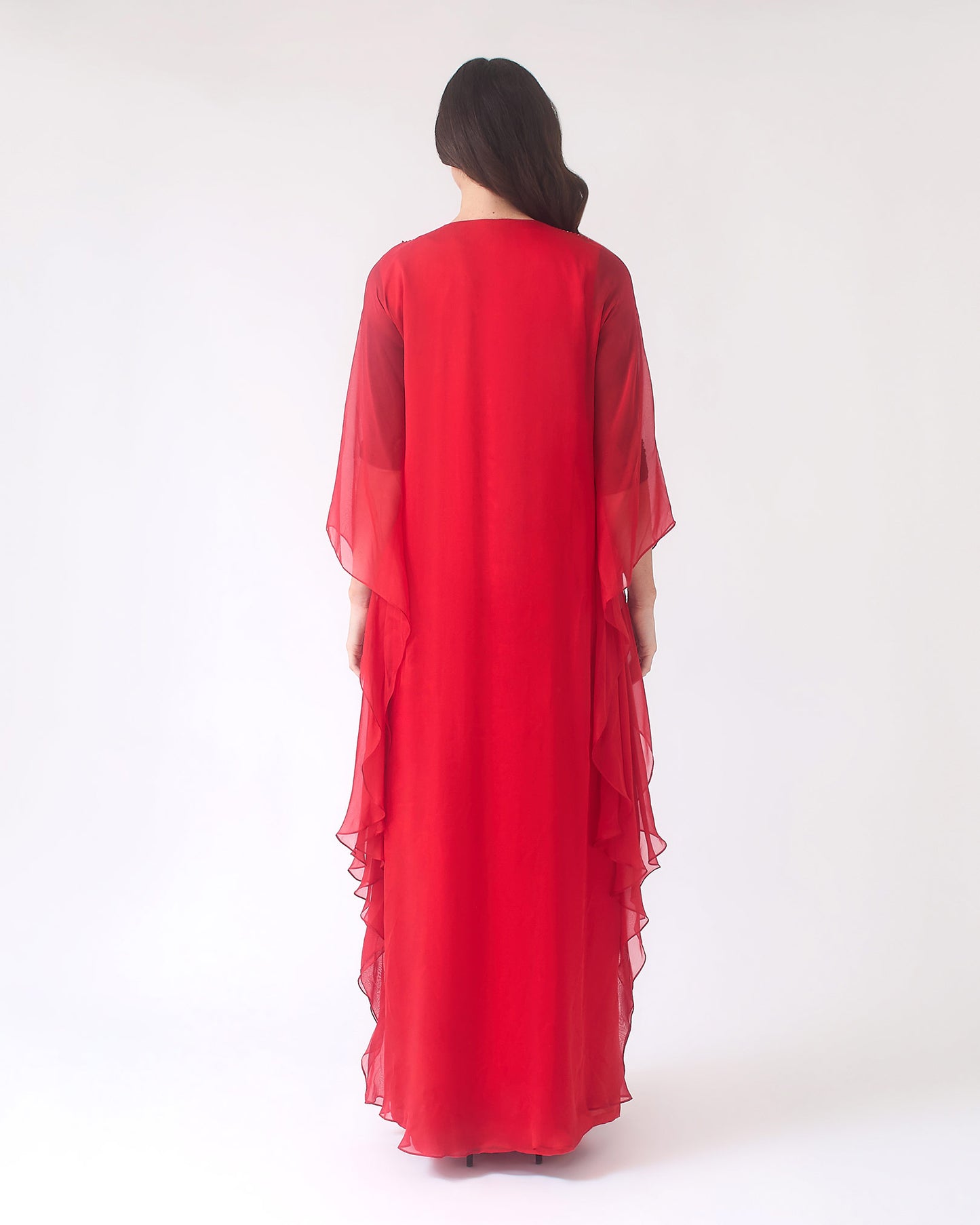 NOBLESSE - Silk Chiffon Batwing Kaftan with Handmade Crochet