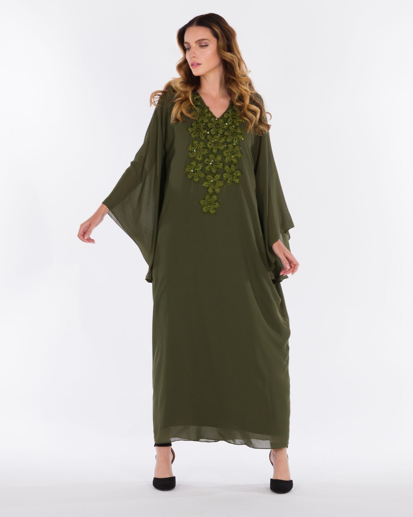 NOBLESSE - Silk Chiffon Batwing Kaftan with Handmade Crochet