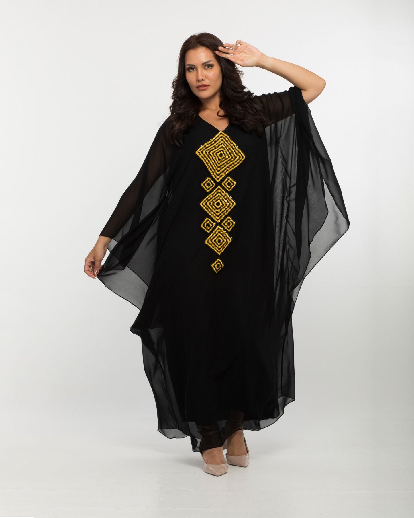 NOBLESSE - Silk Chiffon Batwing Kaftan with Handmade Crochet