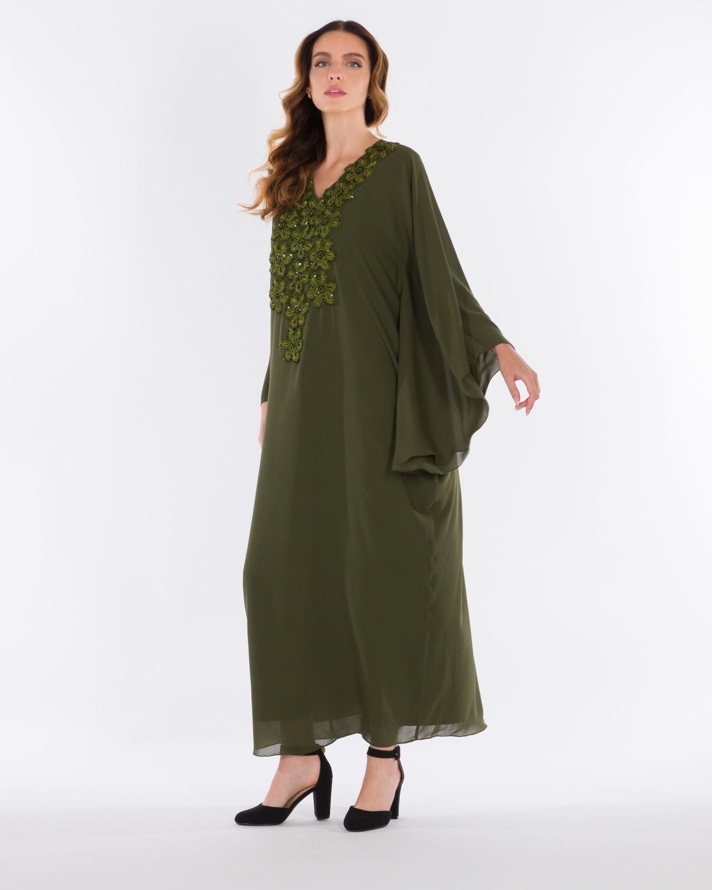 NOBLESSE - Silk Chiffon Batwing Kaftan with Handmade Crochet
