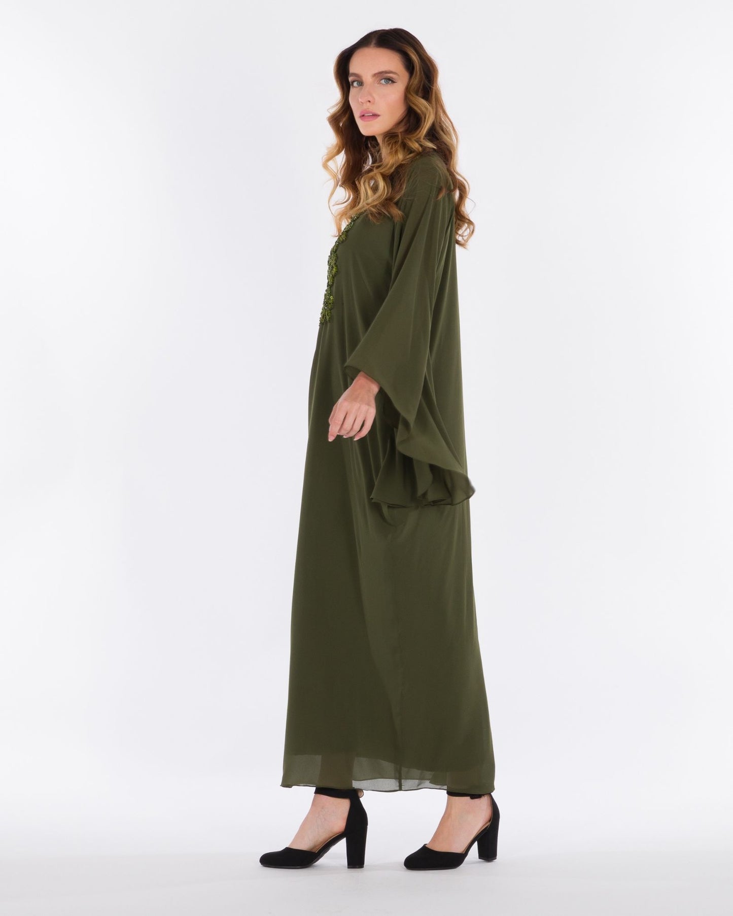 NOBLESSE - Silk Chiffon Batwing Kaftan with Handmade Crochet