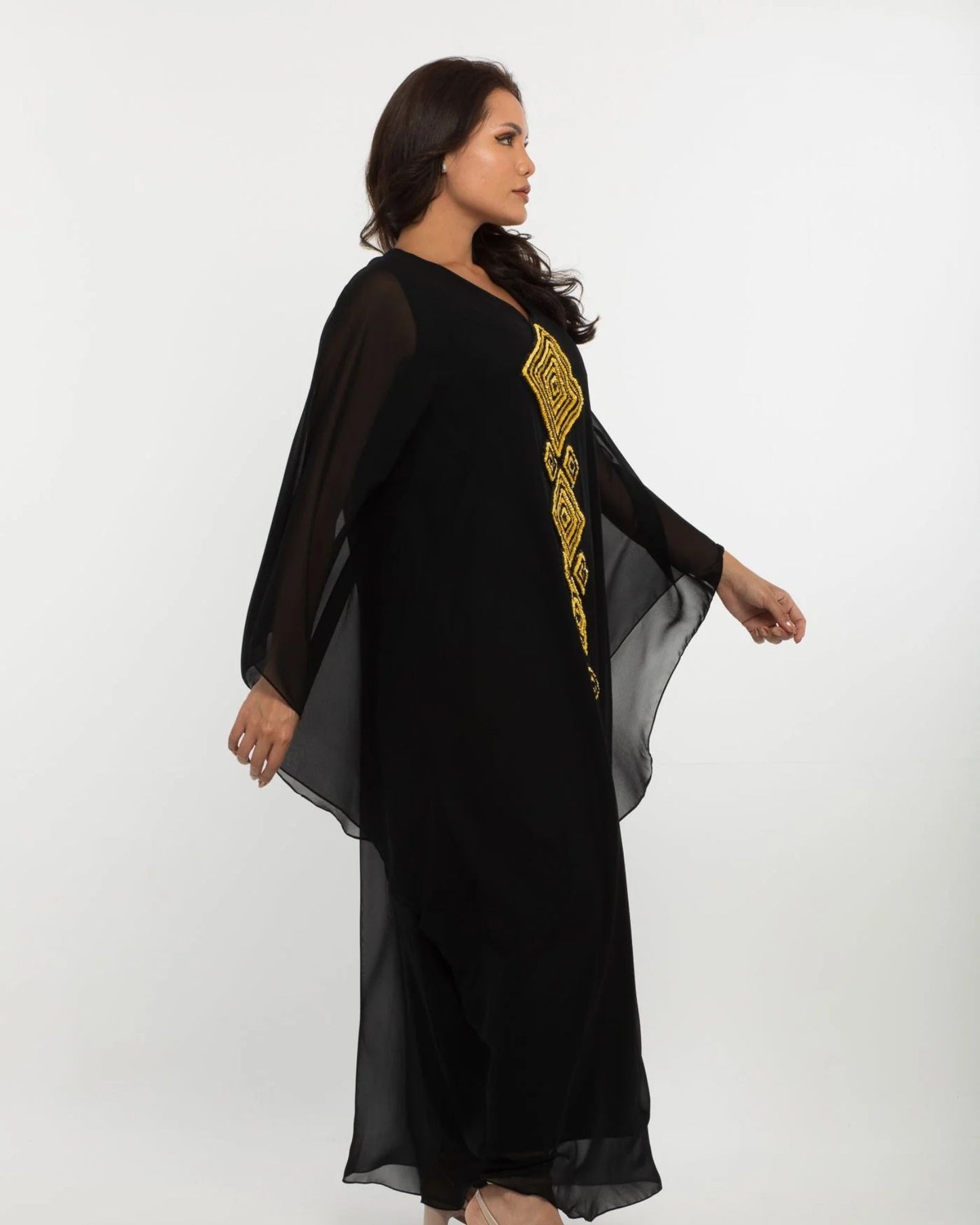 NOBLESSE - Silk Chiffon Batwing Kaftan with Handmade Crochet