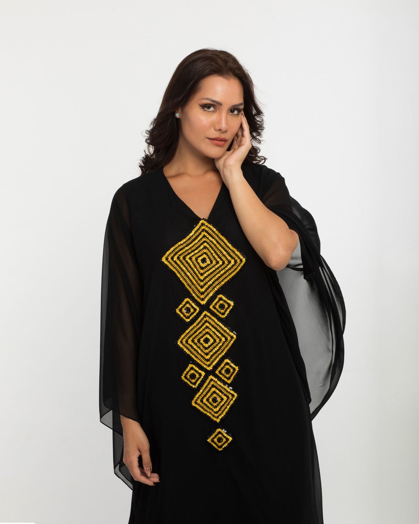 NOBLESSE - Silk Chiffon Batwing Kaftan with Handmade Crochet