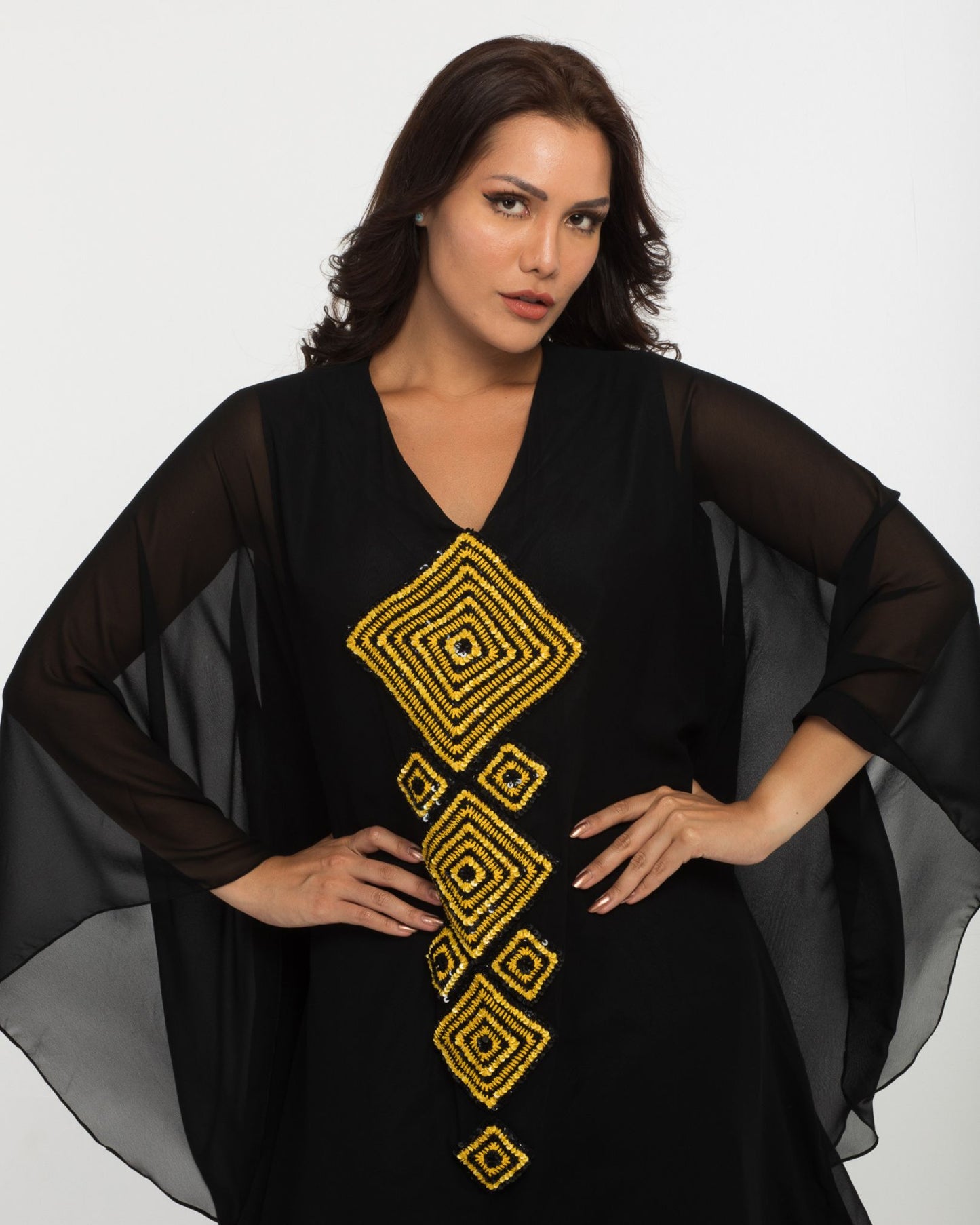 NOBLESSE - Silk Chiffon Batwing Kaftan with Handmade Crochet