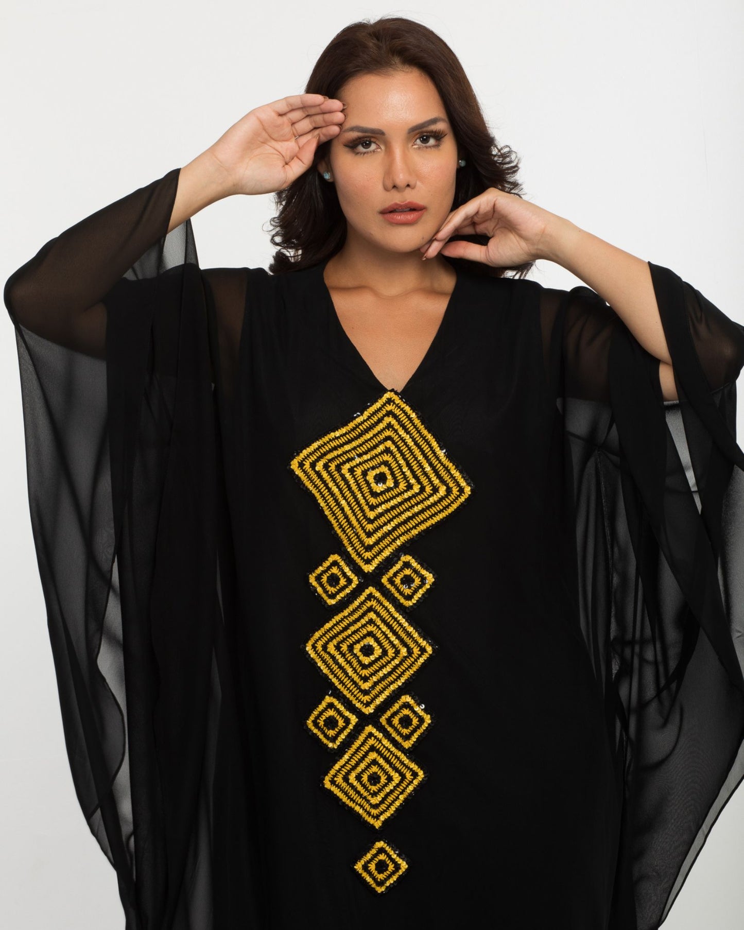 NOBLESSE - Silk Chiffon Batwing Kaftan with Handmade Crochet