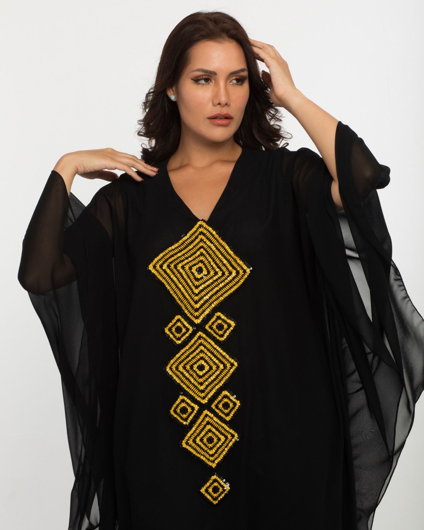NOBLESSE - Silk Chiffon Batwing Kaftan with Handmade Crochet