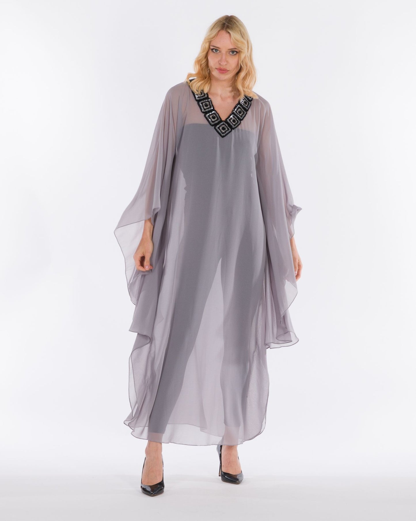 NOBLESSE - Silk Chiffon Batwing Kaftan with Handmade Crochet