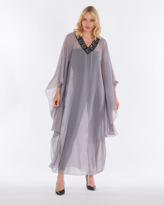 NOBLESSE - Silk Chiffon Batwing Kaftan with Handmade Crochet