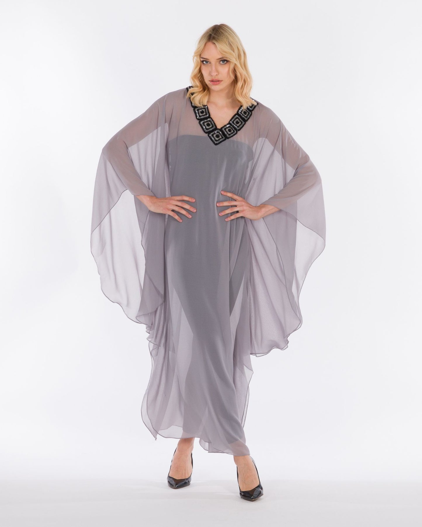 NOBLESSE - Silk Chiffon Batwing Kaftan with Handmade Crochet