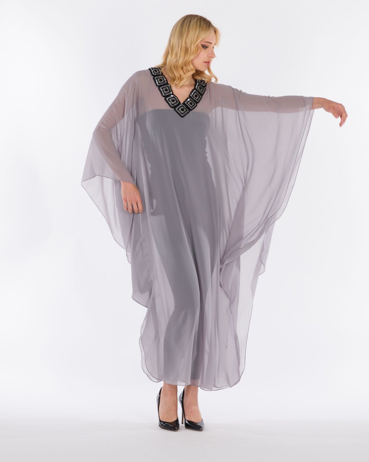 NOBLESSE - Silk Chiffon Batwing Kaftan with Handmade Crochet