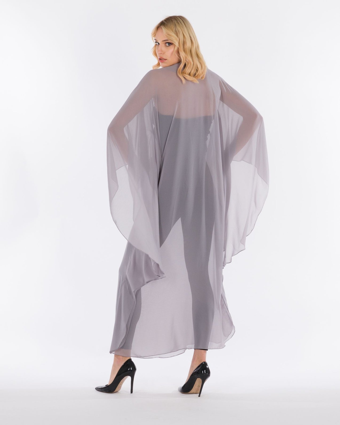 NOBLESSE - Silk Chiffon Batwing Kaftan with Handmade Crochet