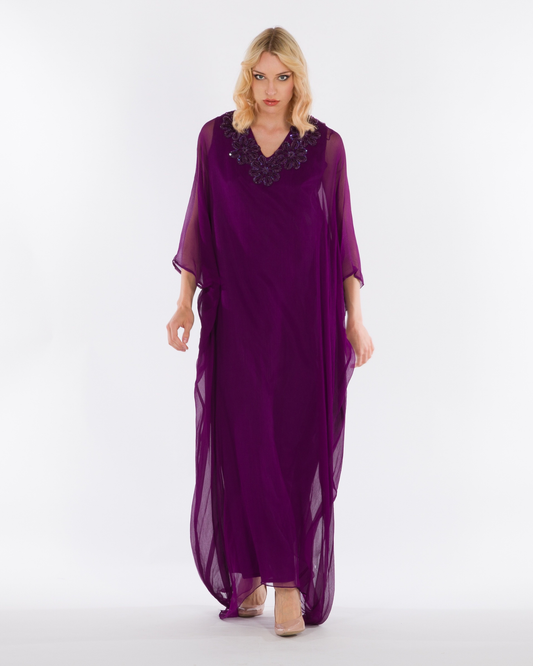 NOBLESSE - Silk Chiffon Batwing Kaftan with Handmade Crochet