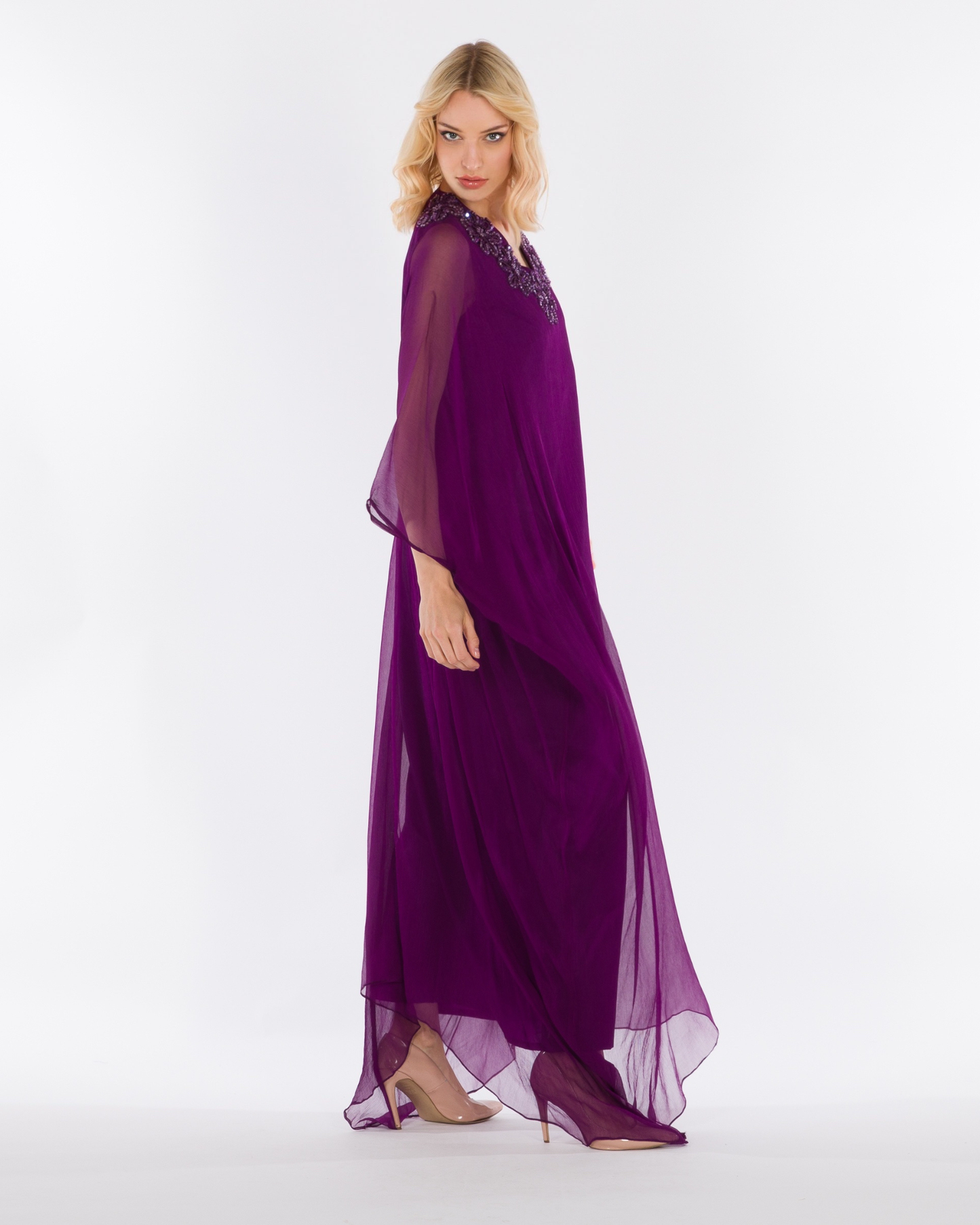 NOBLESSE - Silk Chiffon Batwing Kaftan with Handmade Crochet