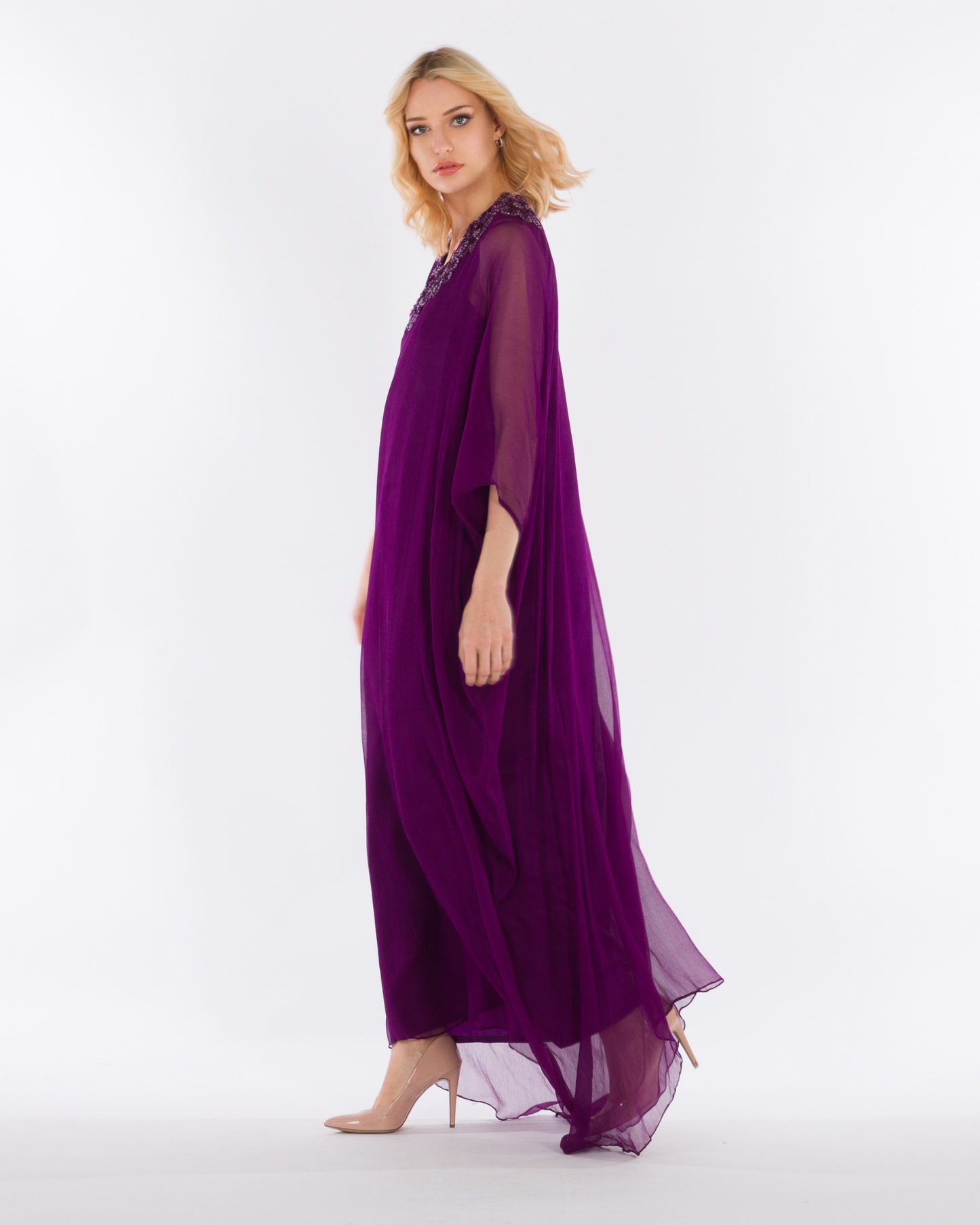 NOBLESSE - Silk Chiffon Batwing Kaftan with Handmade Crochet