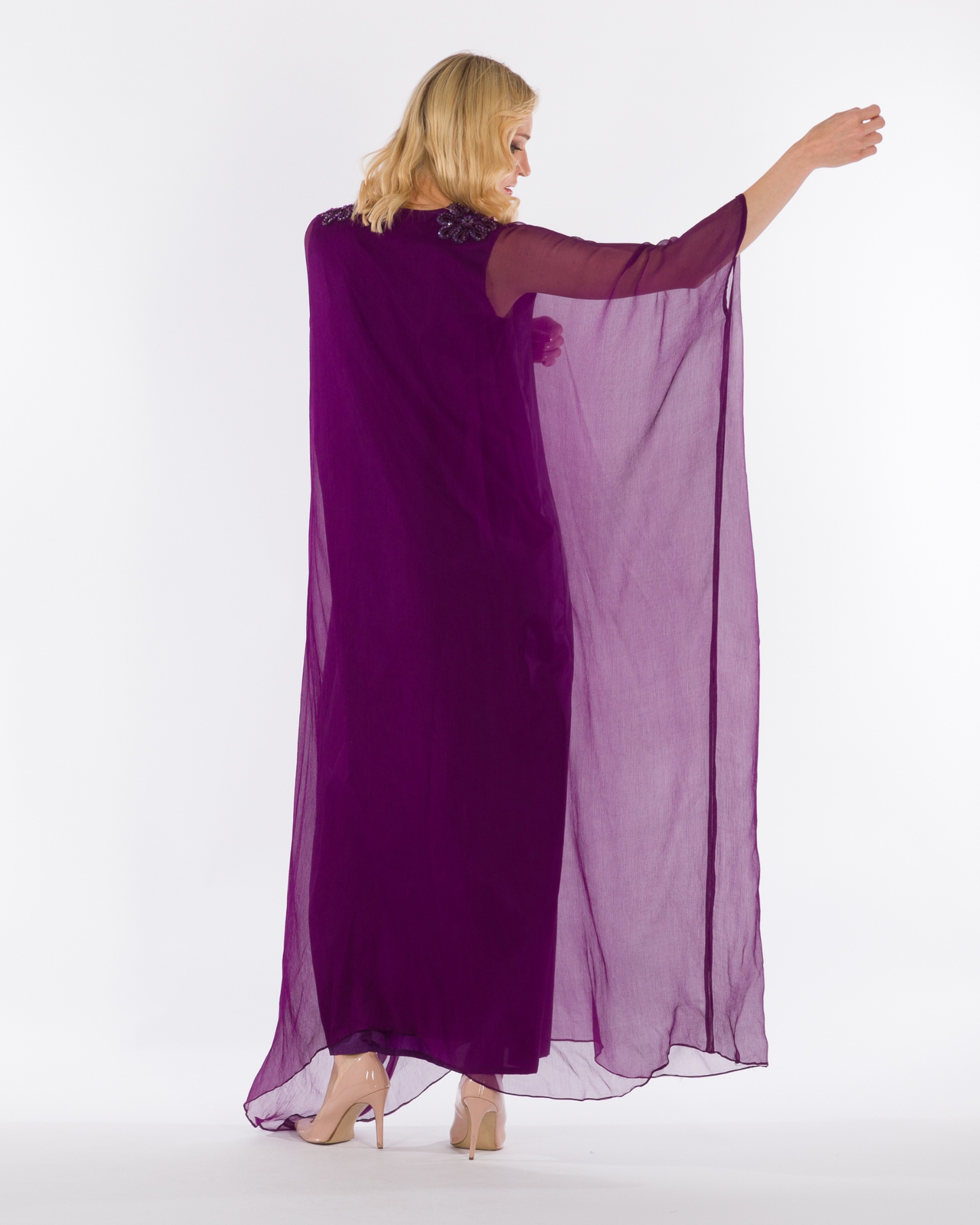 NOBLESSE - Silk Chiffon Batwing Kaftan with Handmade Crochet