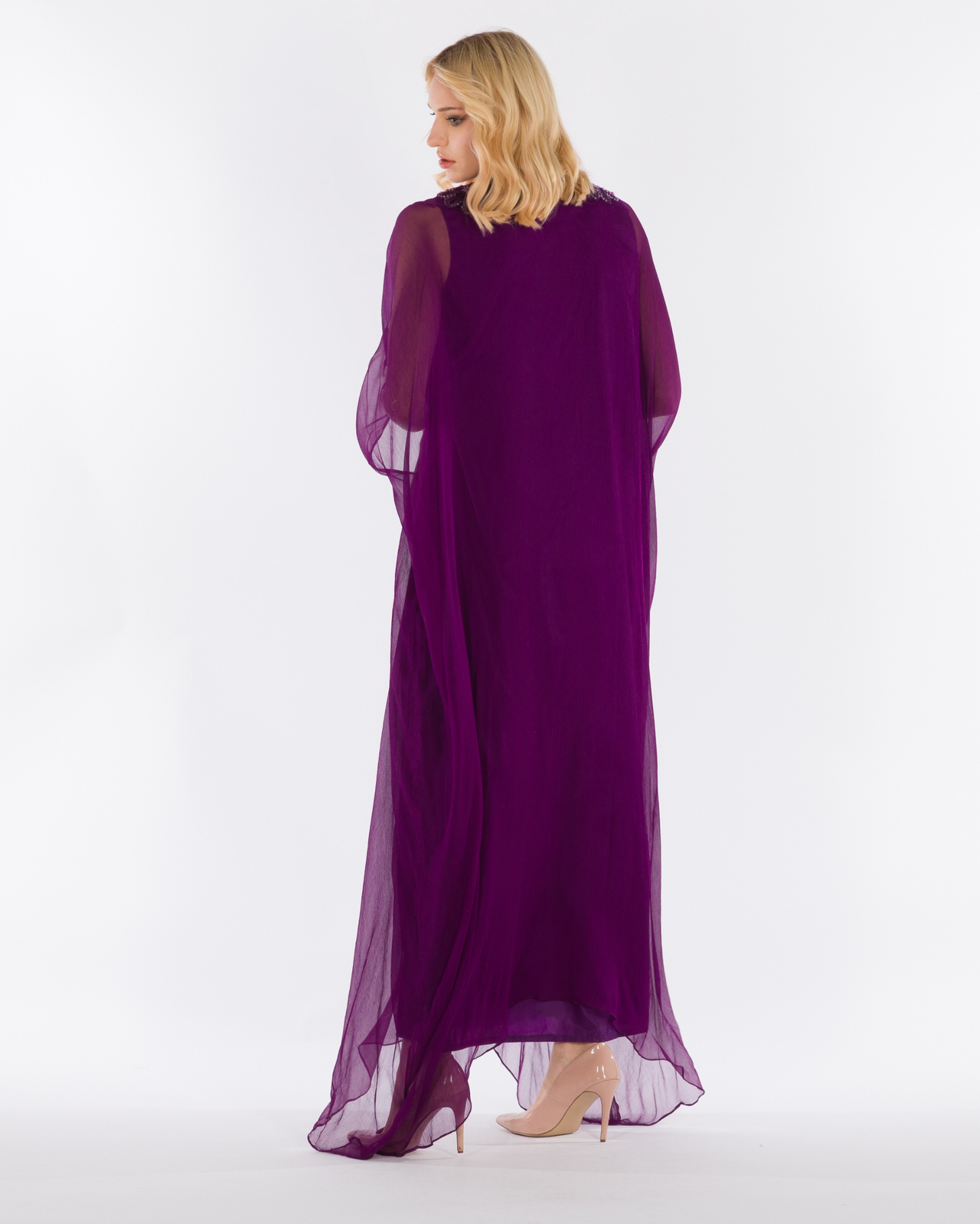 NOBLESSE - Silk Chiffon Batwing Kaftan with Handmade Crochet