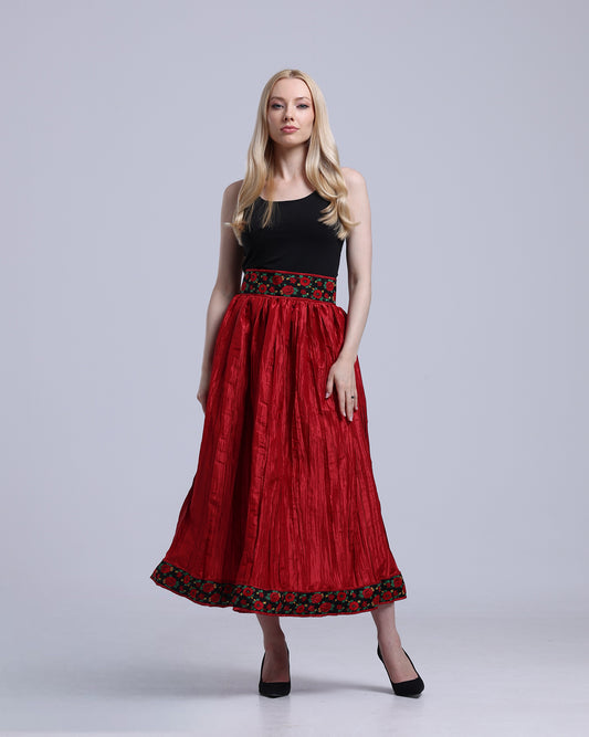 LA REINE - Red Crinkled Satin Midi Skirt