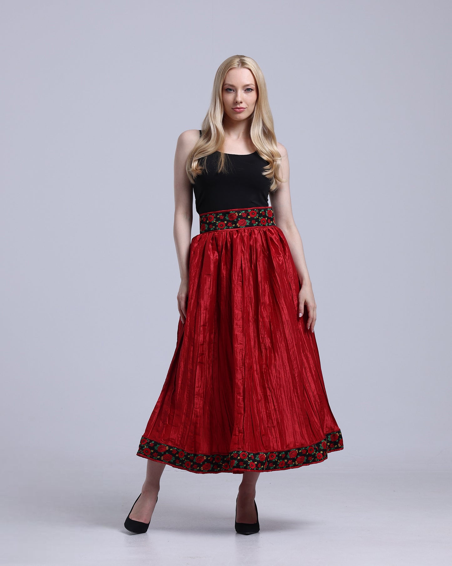 LA REINE - Red Crinkled Satin Midi Skirt
